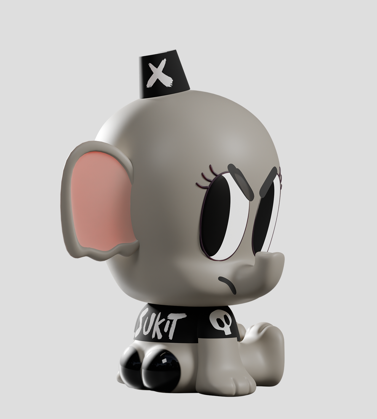 Tiny Shiny Hineys: Badasses Blind Box features a chibi-style elephant vinyl toy with graffiti T-shirt and cap, embodying mischievous charm.