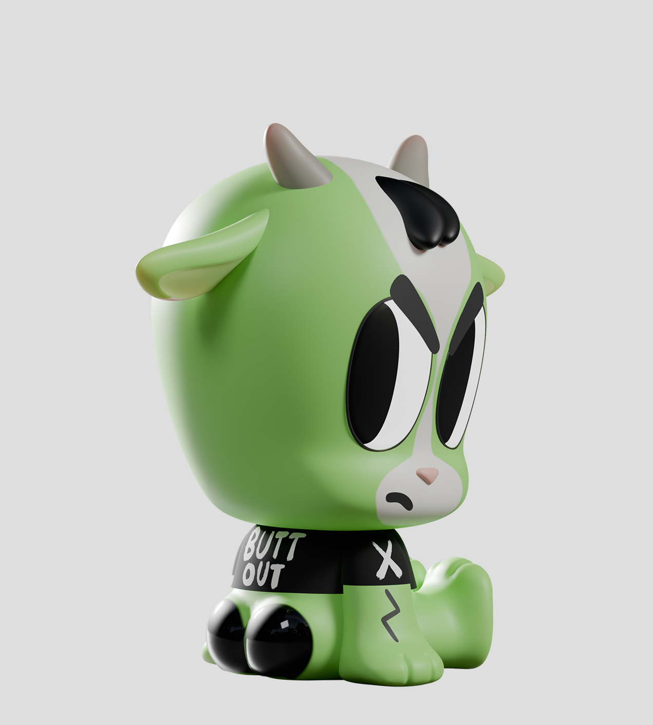 Tiny Shiny Hineys: Badasses Blind Box figure, a stylized green creature with horns, angry eyes, BUTT OUT shirt, embodying mischievous charm.