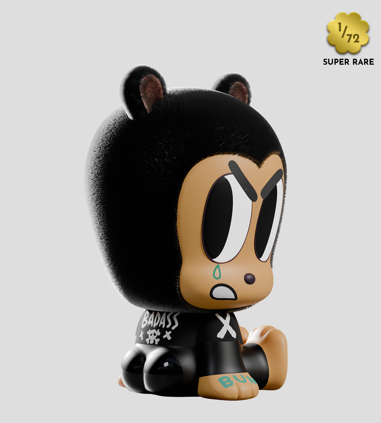Tiny Shiny Hineys: Badasses Blind Box figure in a black costume with animal ears, oversized eyes, and “BADASS” on its back. Gold badge indicates 1/72 SUPER RARE.