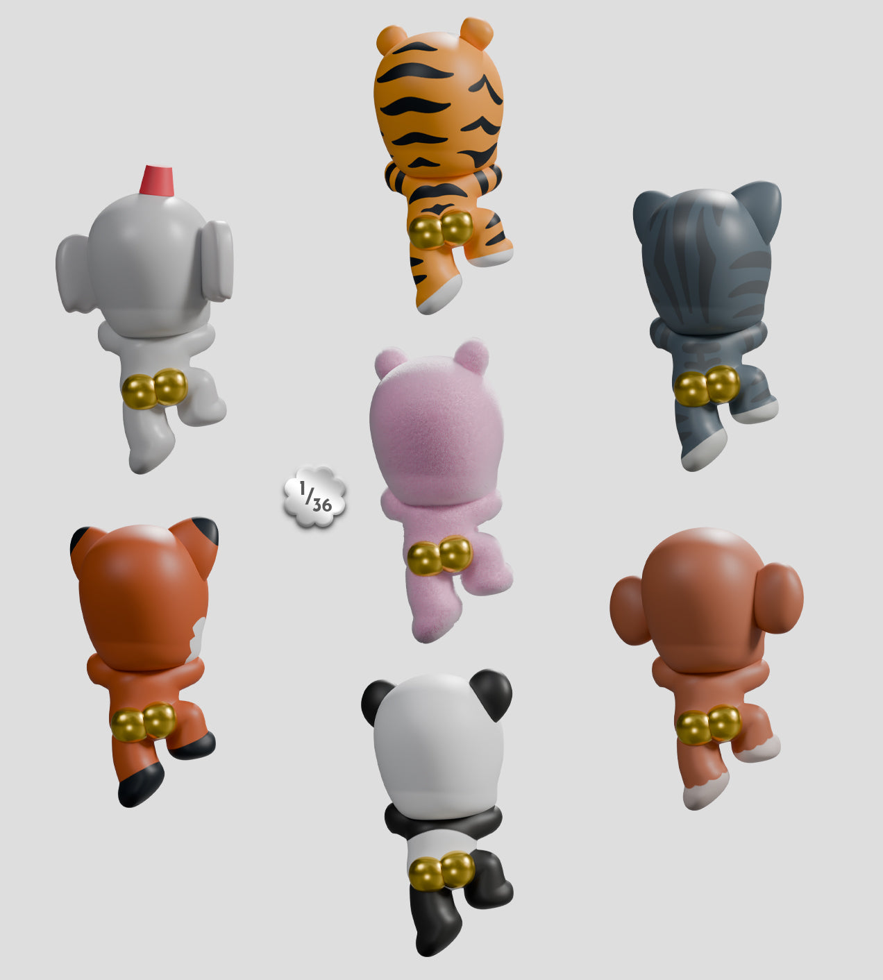 Tiny Shiny Hineys Peekers Blind Box figurines, each in unique animal costumes, displayed climbing, featuring golden accents and 1/36 rarity badge.