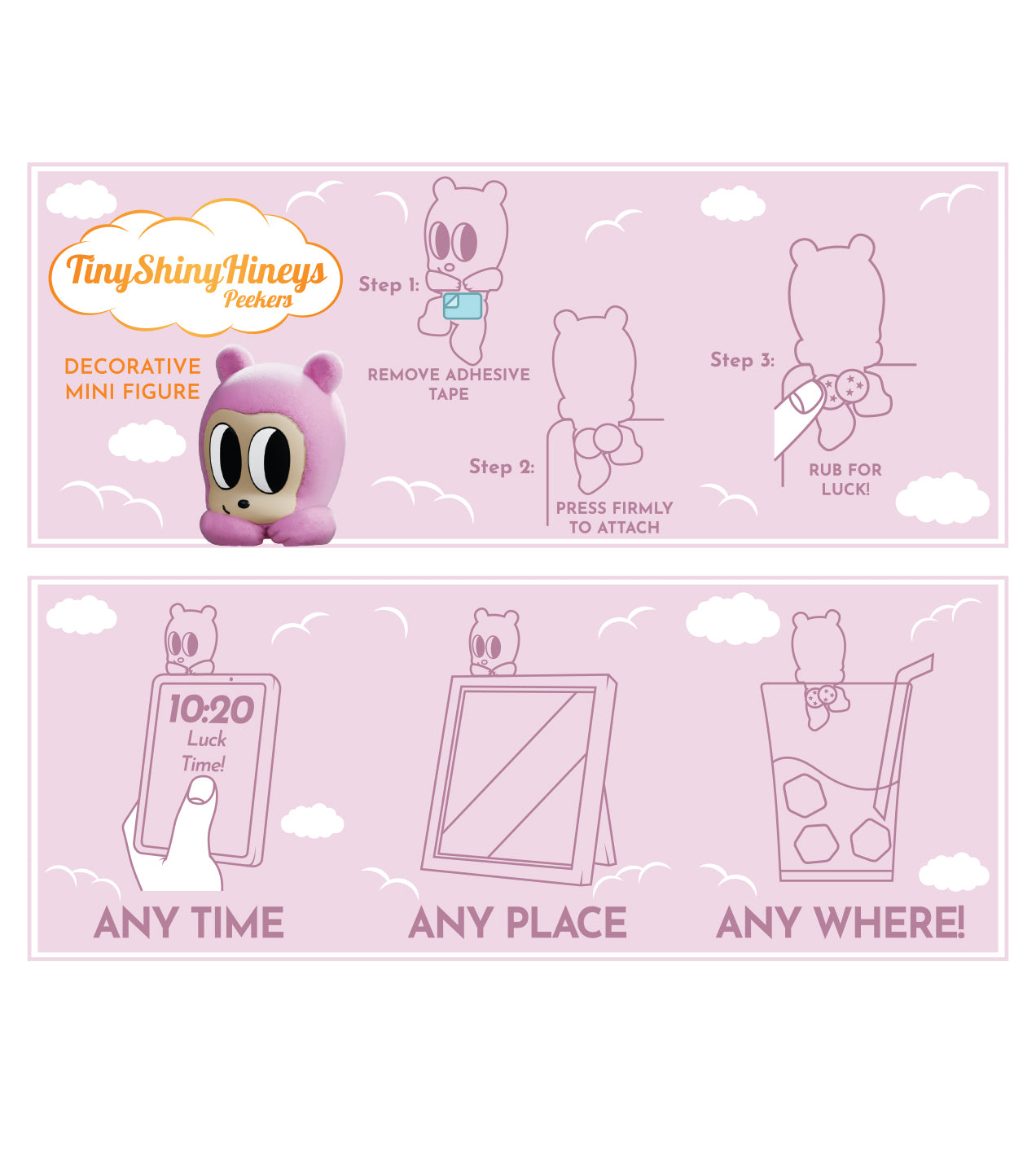 Tiny Shiny Hineys Peekers Blind Box features pink bear-like figures with adhesive backs, ideal for sticking on smooth surfaces for luck.