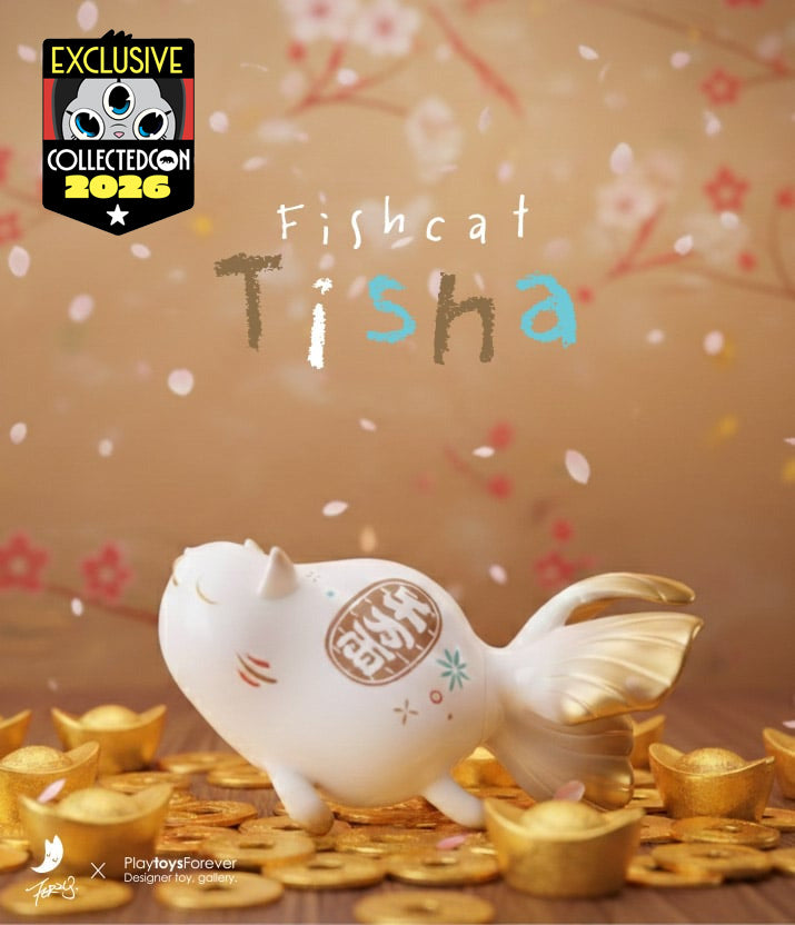 Fishcat Tisha Lucky Ver by Terry Tsai: A 13cm vinyl toy blending cat and goldfish features, perched on gold ingots, exclusive to CollectedCon 2026.