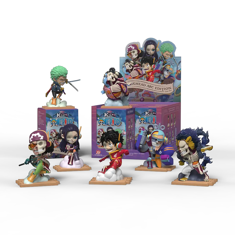 ONE PIECE x Jason Freeny Blind Box Series: Egghead Island (First Edition) featuring six chibi figures, each on its base, with themed packaging.