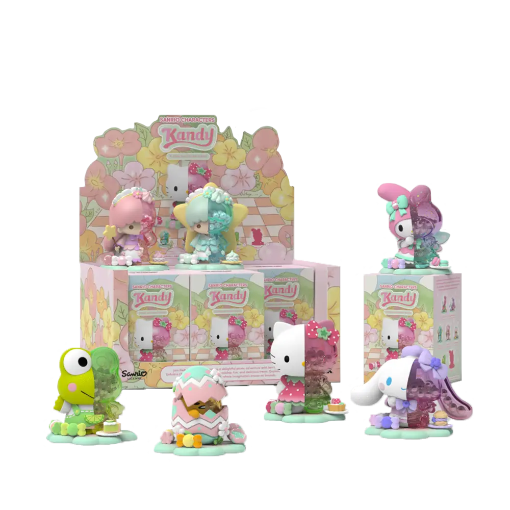 Kandy: Sanrio Floral DayDream Series toys on display, featuring various cartoon characters. Preorder available, ships May 2025 with six designs, including one secret.
