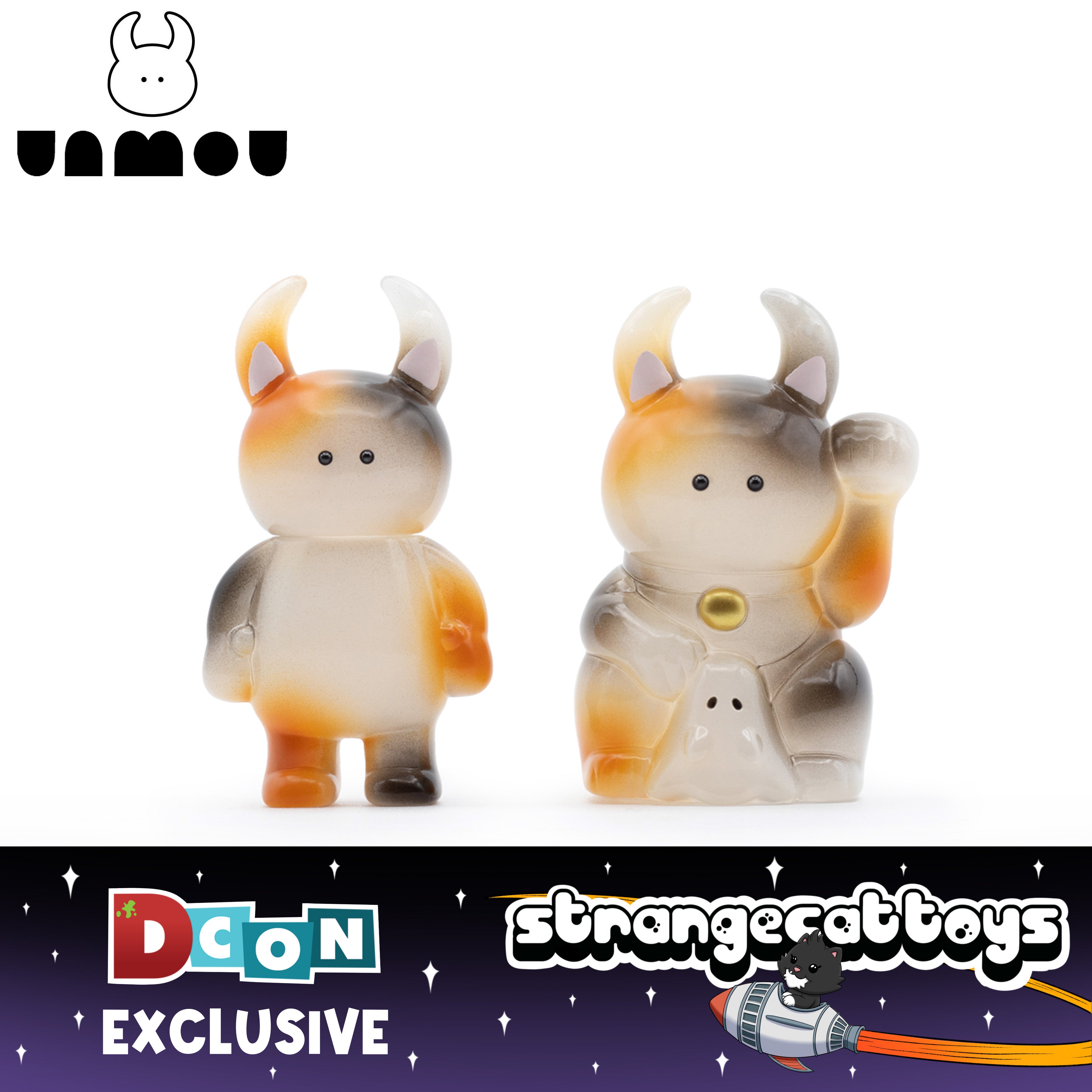 UAMOU Foggy Calico: Two exclusive 7cm sofubi figures; a plain horned critter and a maneki variant with a lucky paw and ghost. Limited edition.