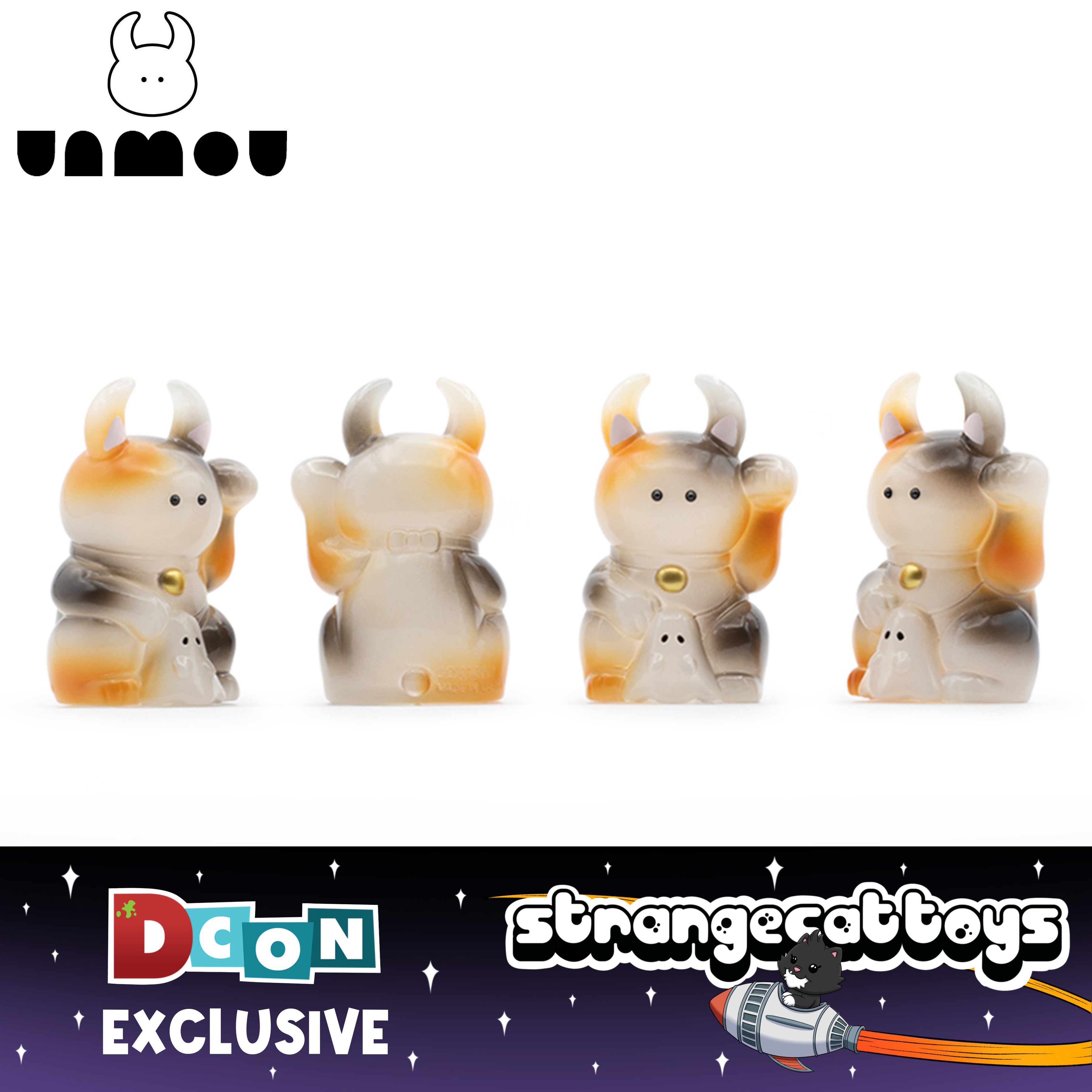 UAMOU Foggy Calico, a 7cm limited-edition designer ox figure with ghost motif, exclusive to DCon, distributed by Strange Cat Toys.