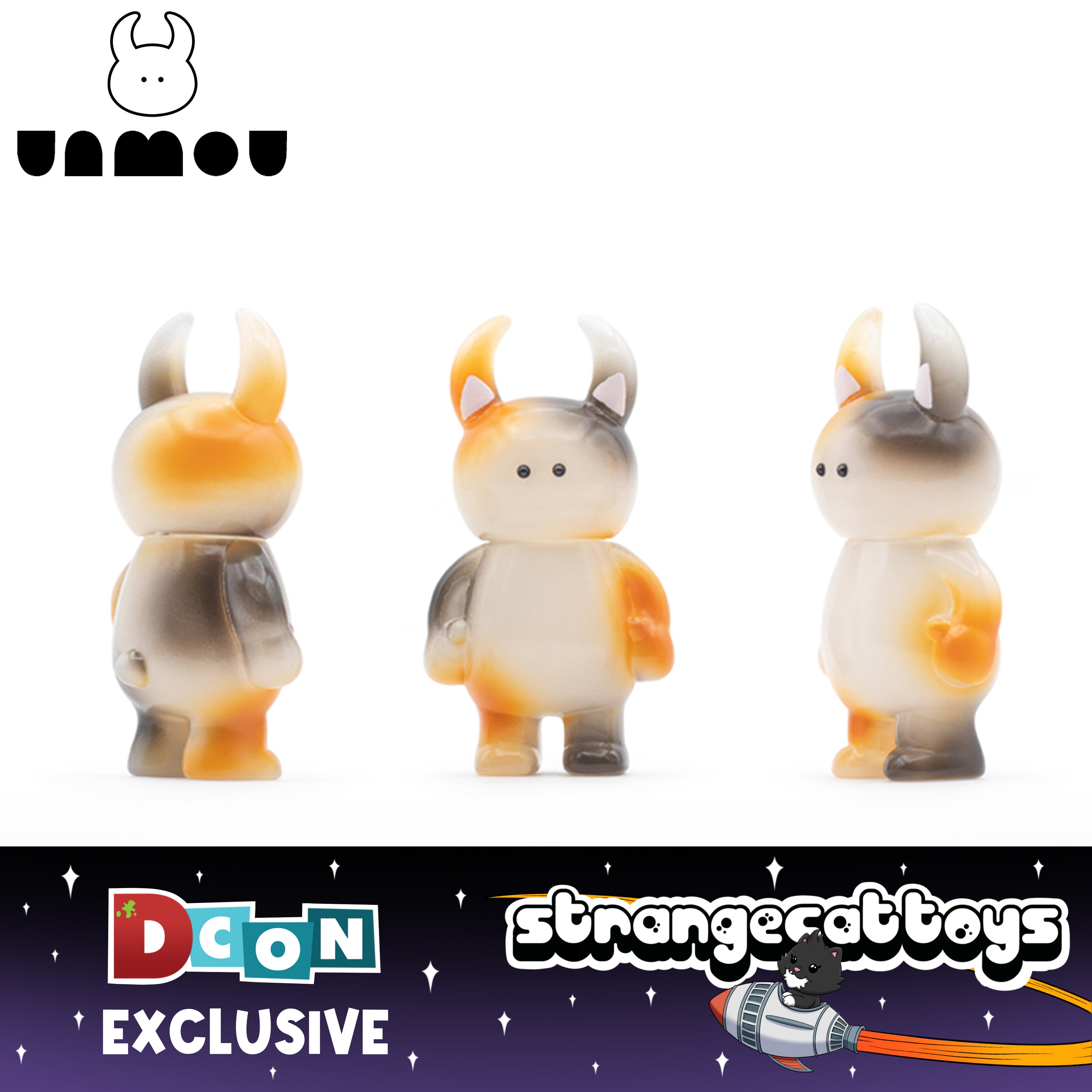 UAMOU Foggy Calico figure, limited-edition sofubi, shown from three angles; DCON exclusive from StrangeCatToys, 7cm, limited to 25 pieces.