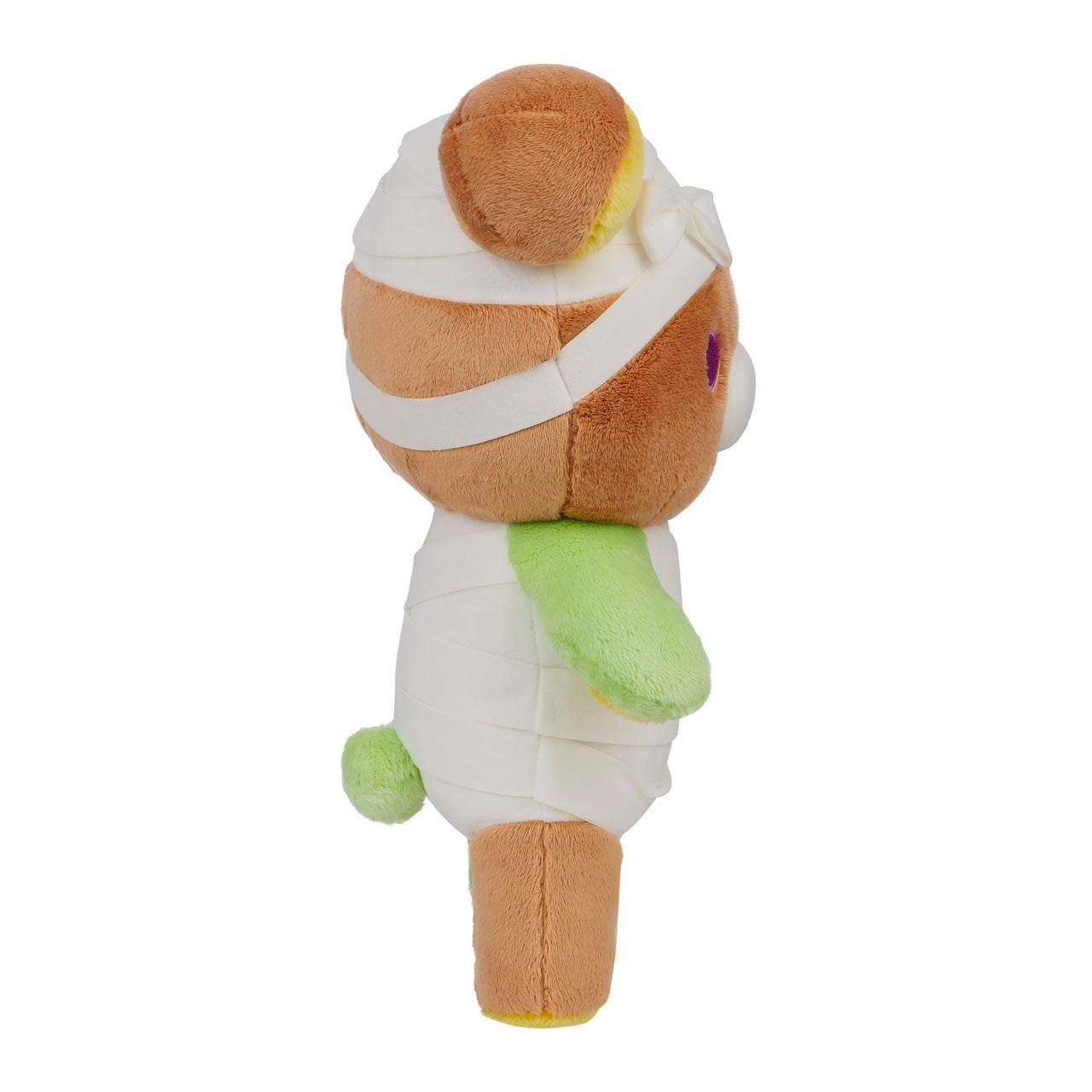 Rilakkuma San-X Original Mummy Costume Plush, 14.5-inch bear toy wrapped in soft bandages, featuring green arms and tail, perfect for Halloween decor or gifting.