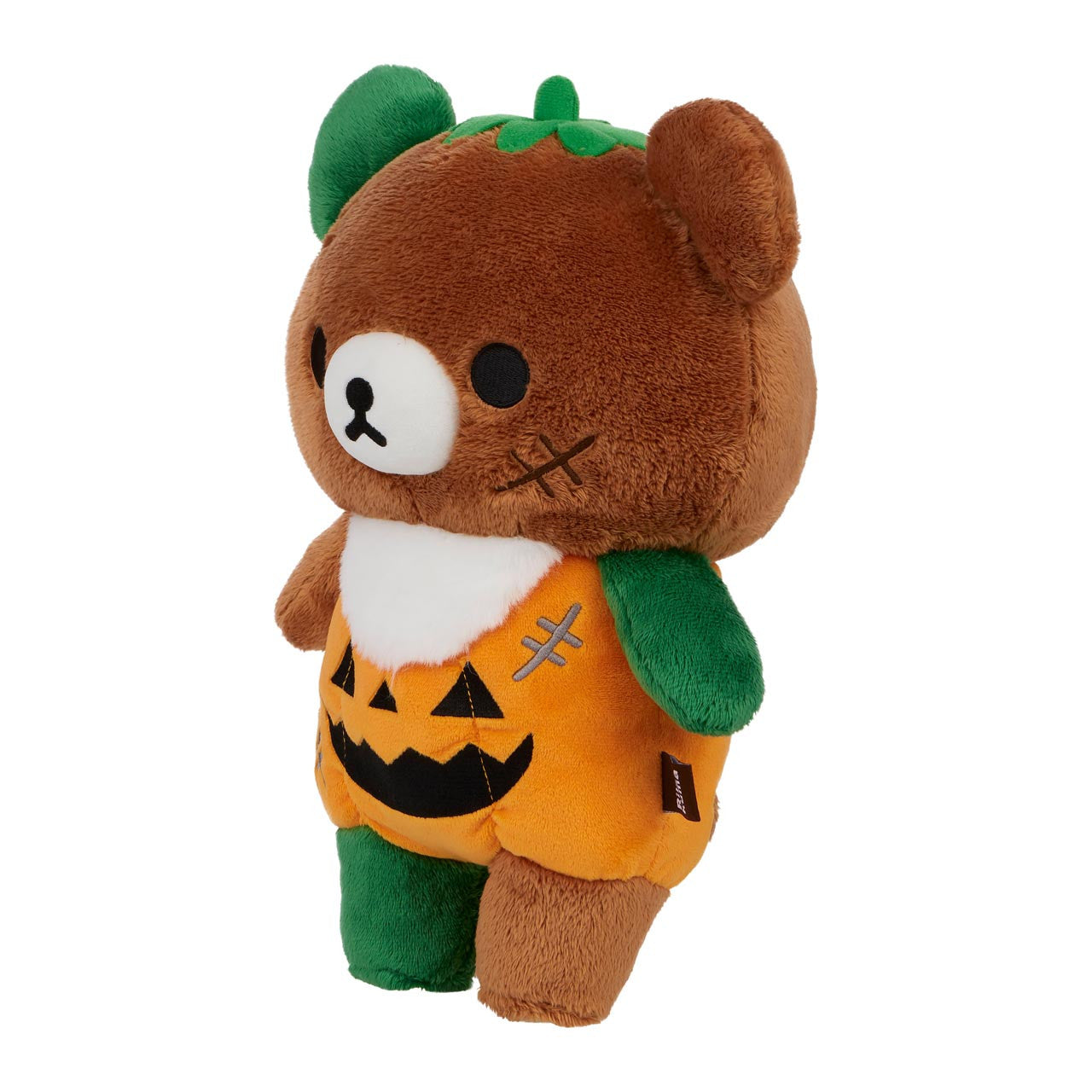 Chairoikoguma Pumpkin Plush: A 12-inch brown teddy bear in a jack-o’-lantern costume with green accents, perfect for Halloween or art toy collections.