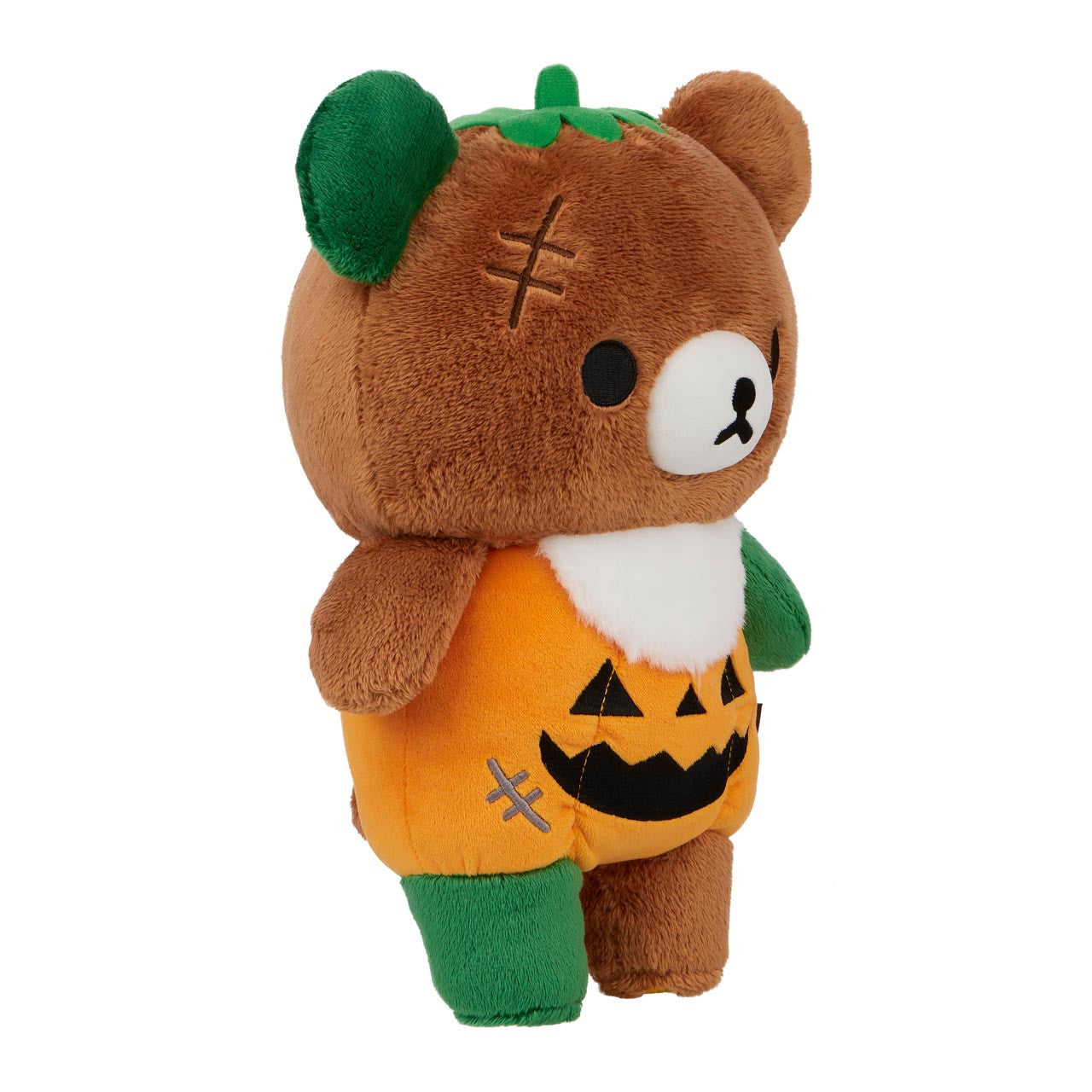 Chairoikoguma plush in a pumpkin costume, featuring green accents and a carved-face design, perfect for Halloween or plush collectors.