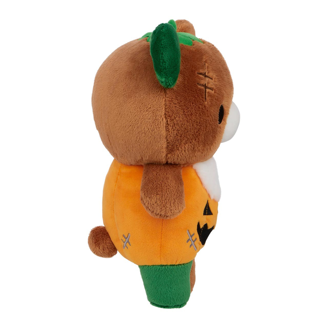 Chairoikoguma Pumpkin Plush, a San-X Original, features a brown bear in a pumpkin costume with green leaf accents, perfect for Halloween decor or collections.