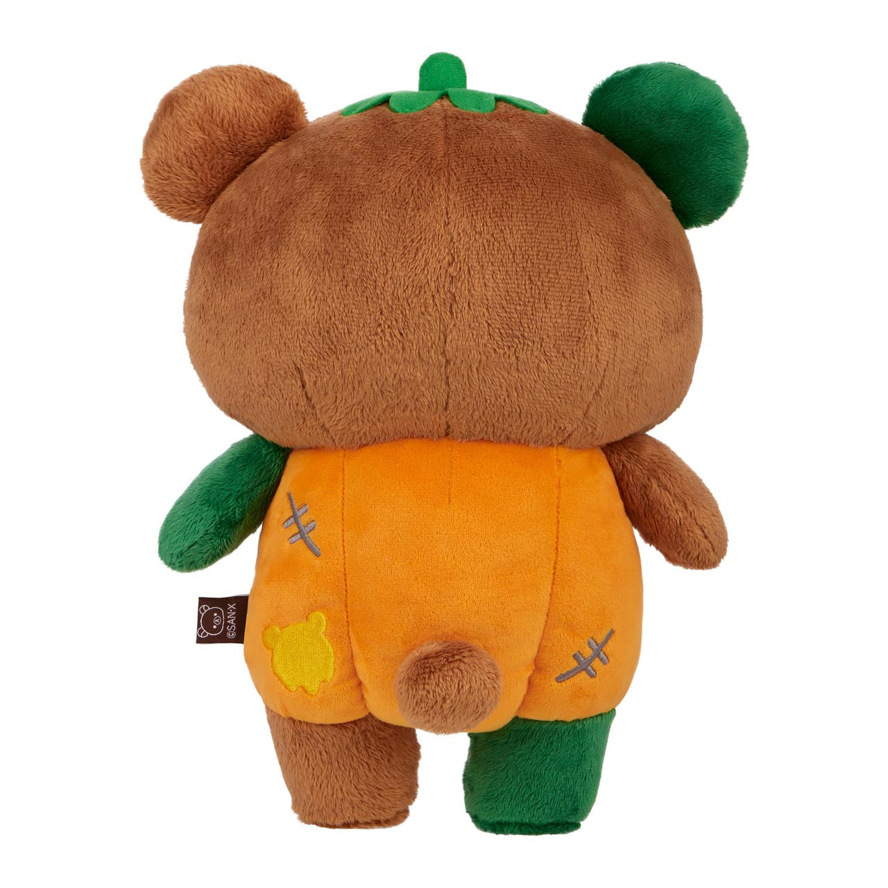 Chairoikoguma Pumpkin Plush in a cozy orange onesie with green accents, showcasing a cute bear character in a Halloween-themed outfit.