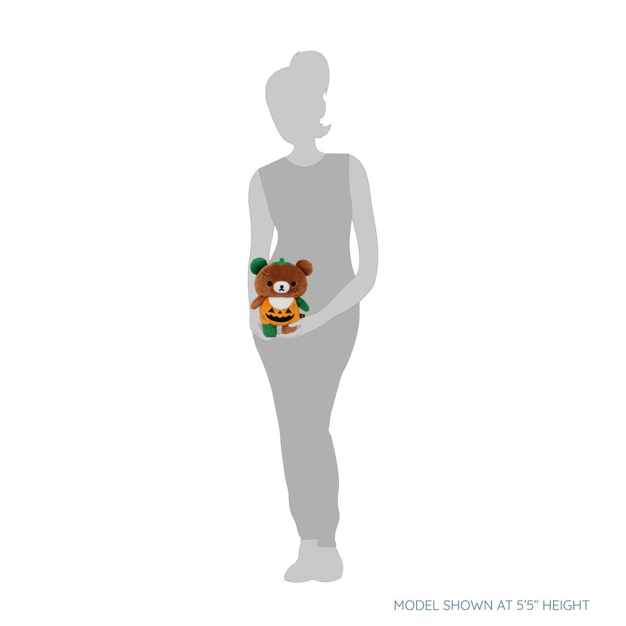 Chairoikoguma Pumpkin Plush, a 12-inch brown bear in a pumpkin costume with green accents, embodying cozy fall vibes for Halloween decor or gifting.