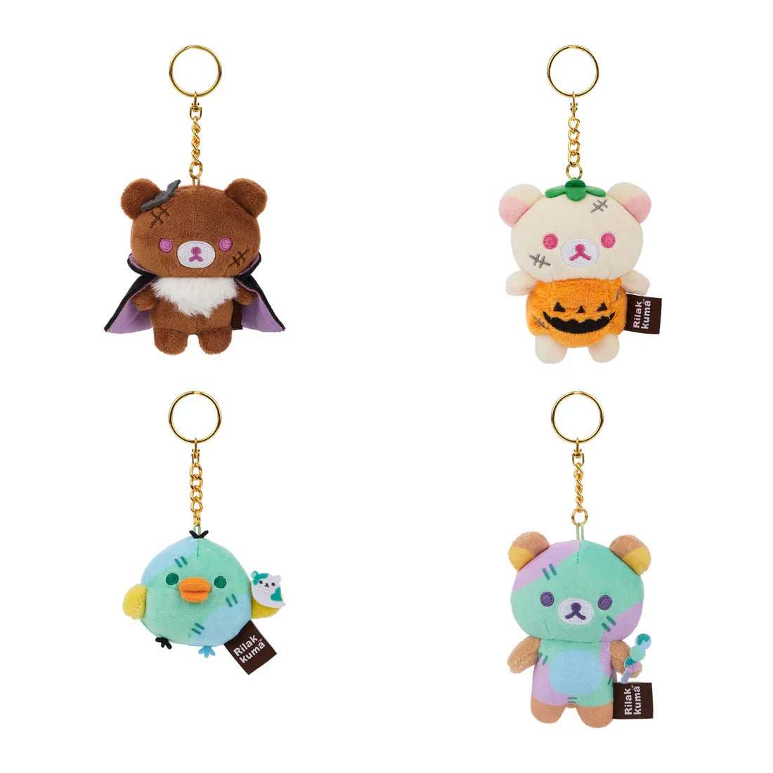Rilakkuma Spooky Halloween Plush Keychain Blind Box Series 12 features Rilakkuma characters in festive costumes, including a vampire, jack-o’-lantern, Franken-bear, and ghost-bird.