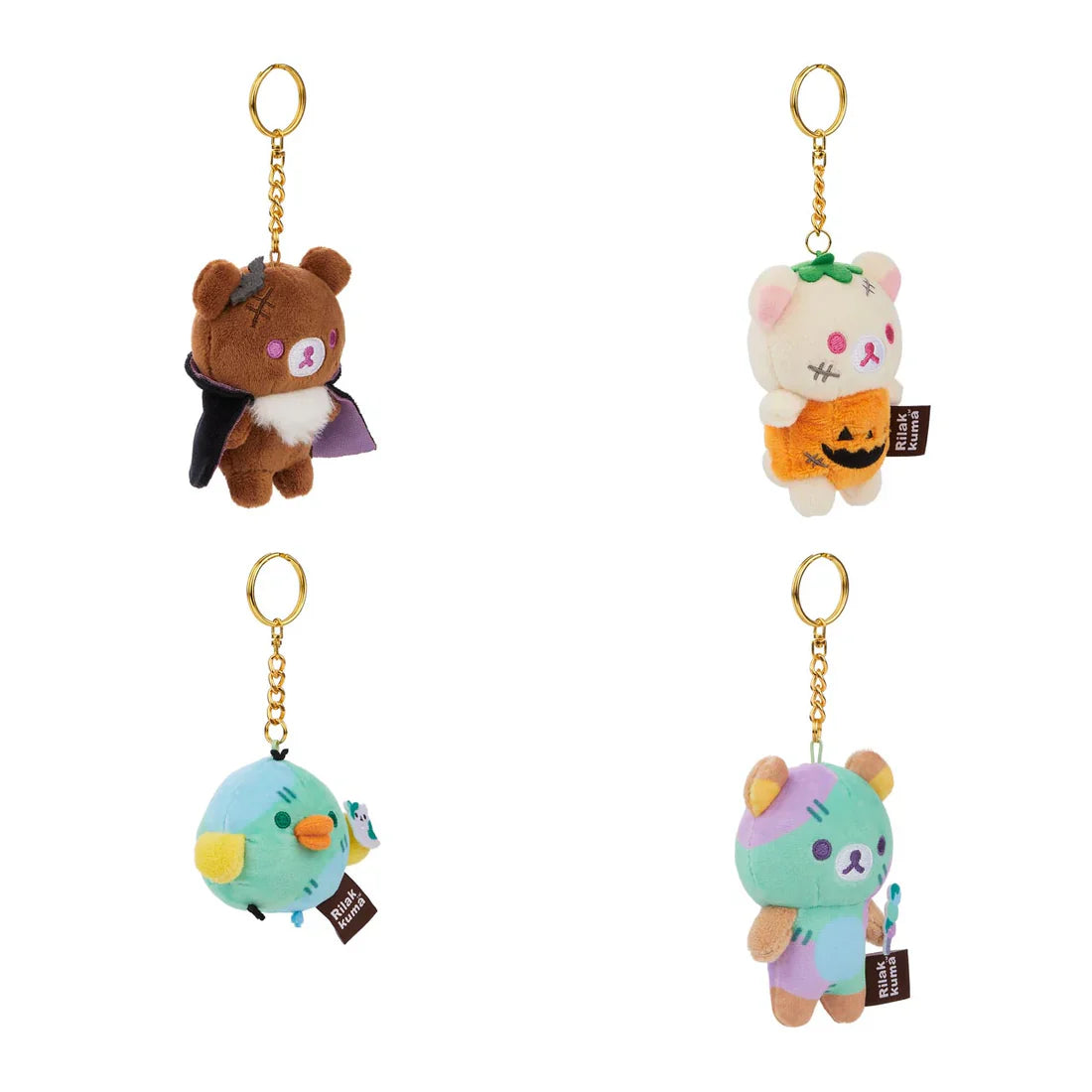 Rilakkuma Spooky Halloween Plush Keychain Blind Box Series 12 featuring four themed characters: vampire, pumpkin, scarred bird, and Frankenstein-style bear.