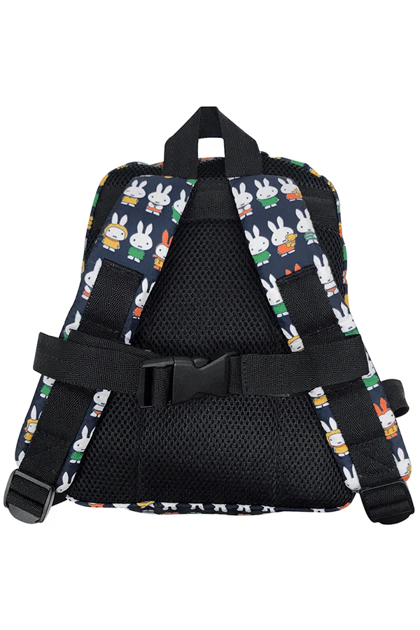 Miffy Backpack Baby with cartoon bunnies, padded straps, and breathable mesh back, designed for preschoolers.