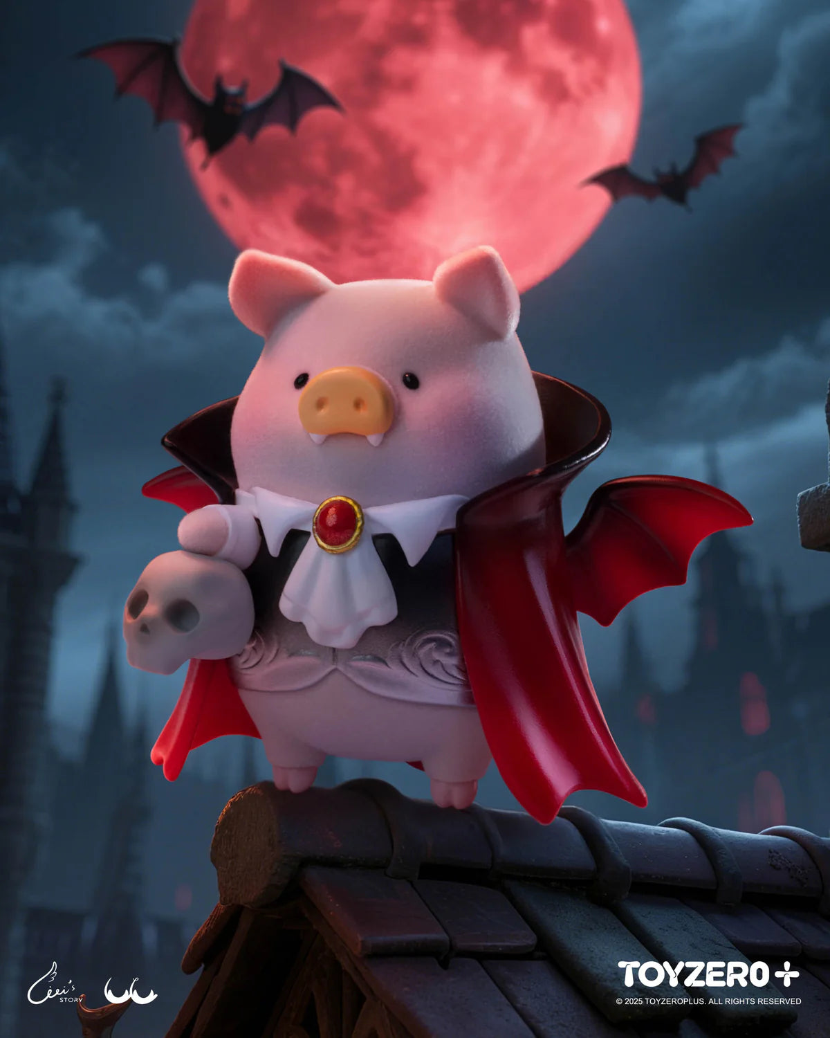 LuLu The Piggy - Surprise can 2 (Terror Castle) collectible, a vampire-themed figure holding a skull, against a gothic backdrop, perfect for Halloween enthusiasts.