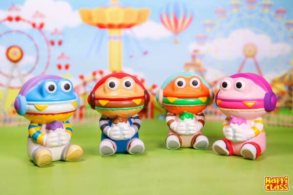 A group of small toys including a toy with a burger head from the Baby Burger Kun Blindbox By Happi Class series.