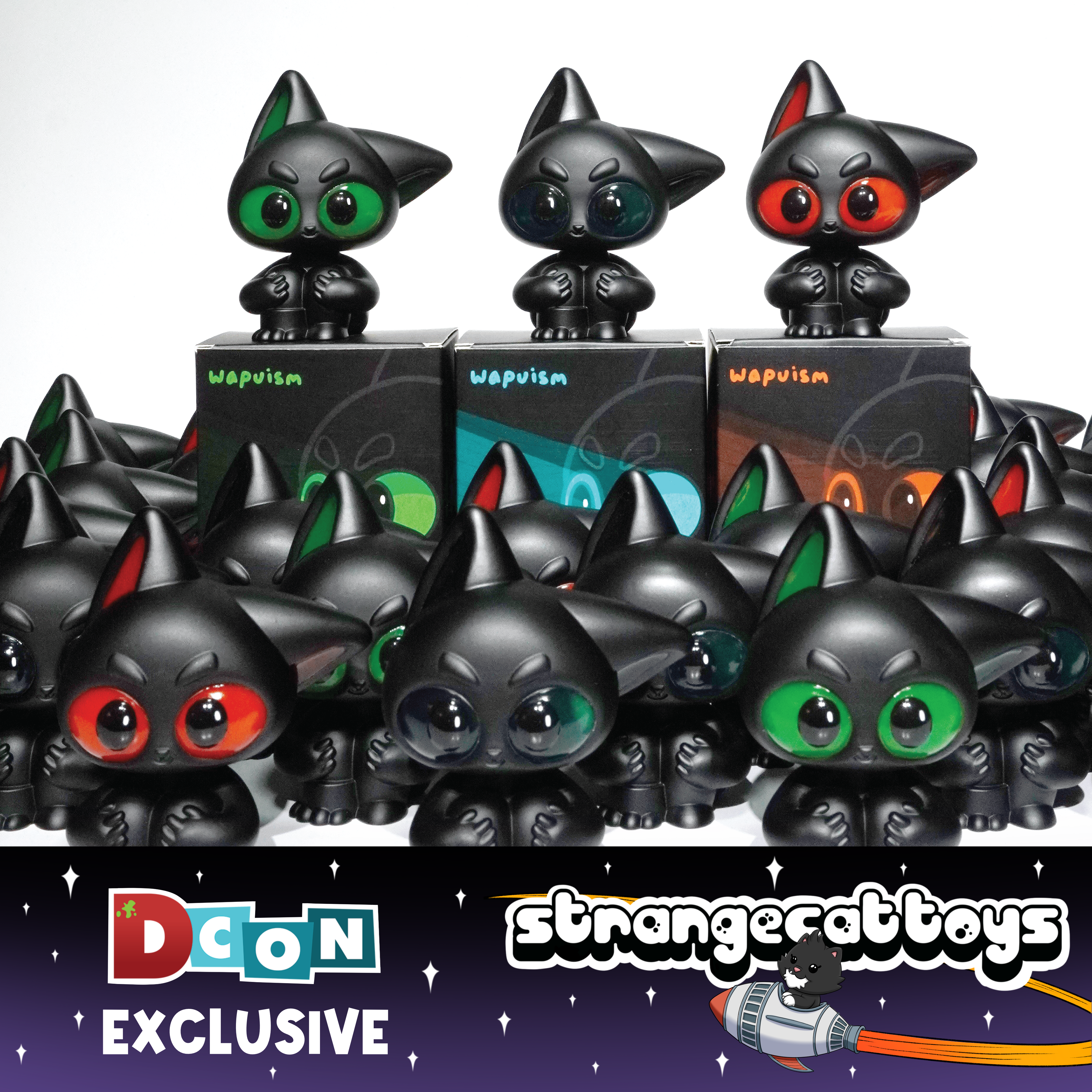 Noir by Wapu collectible cat figures displayed with DCon Exclusive banner, featuring matte-black resin bodies and oversized glossy eyes in various colors.