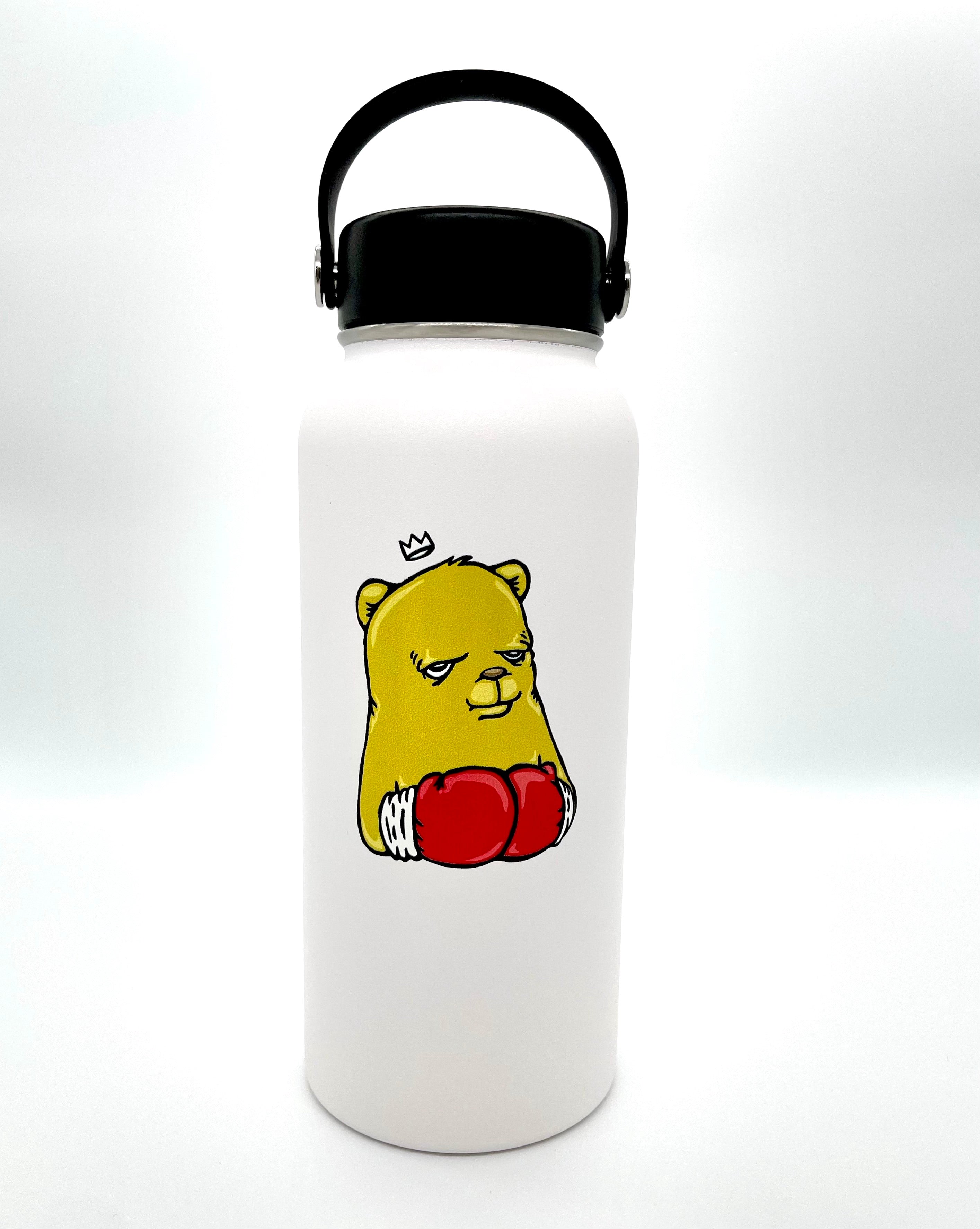 The Bear Champ Stainless Steel Water Bottle by JC Rivera features a cartoon bear with boxing gloves on a 32oz vacuum insulated, wide-mouth design.