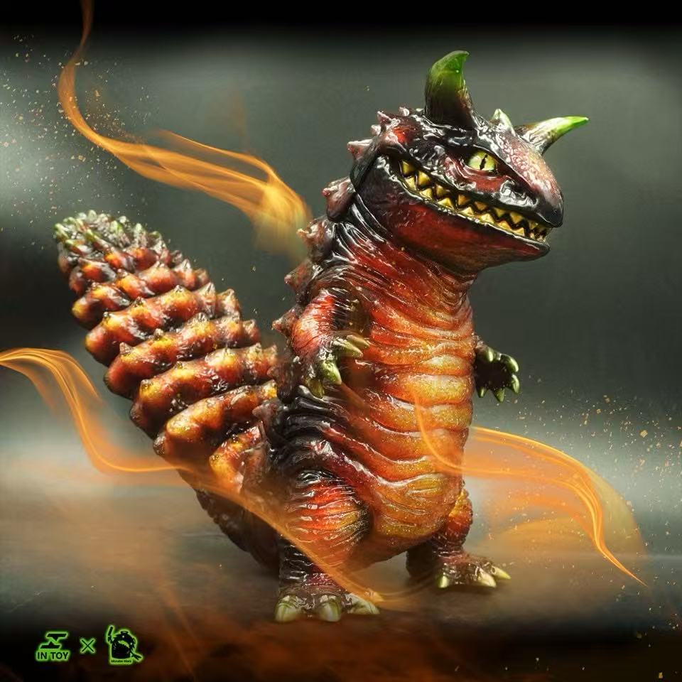 Gecko Super Beast - fire agate version, a collectible vinyl figure resembling a reptilian pinecone with fiery orange swirls, preorder available at Strangecat Toys.