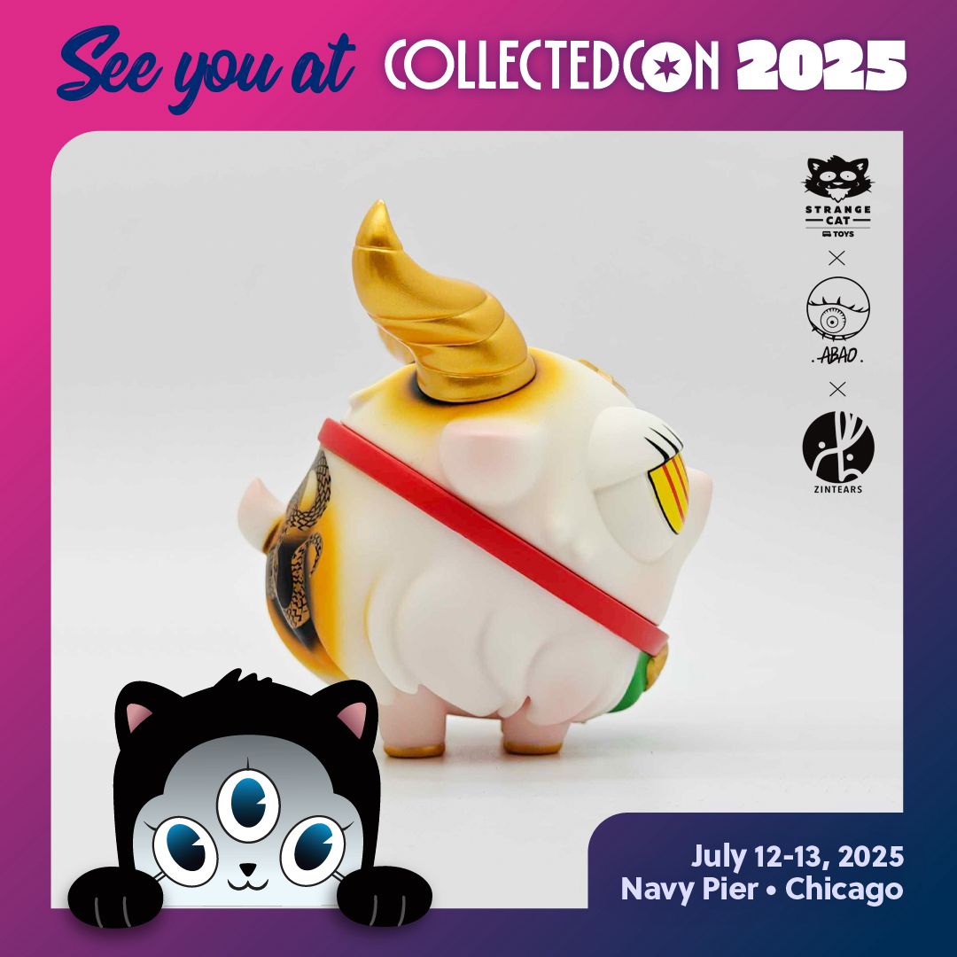 Bobbi by Zintears x Abao: A 10cm vinyl cartoon cat figure, featuring three eyes and a helmet, doubling as a piggy bank. Limited edition of 100 pieces.