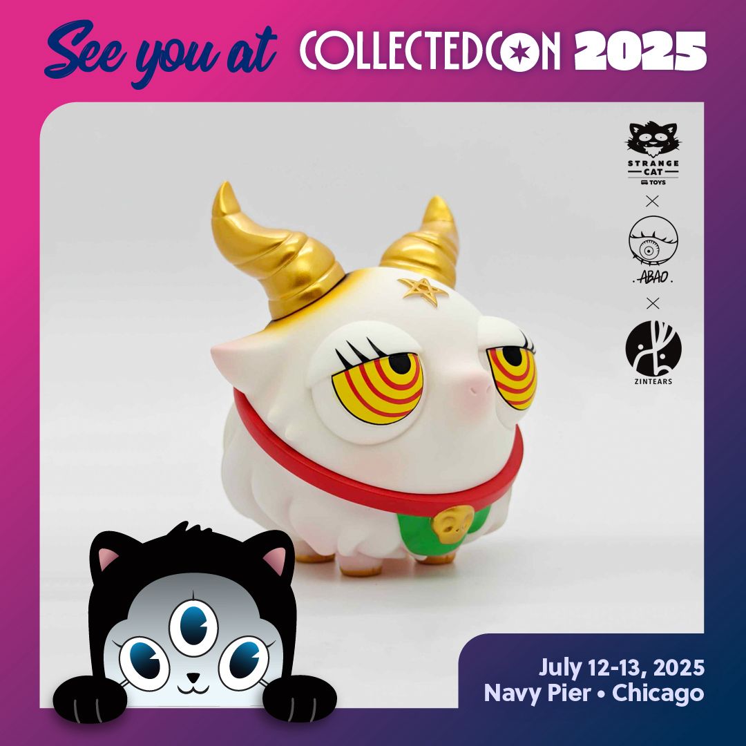 Bobbi by Zintears x Abao: A limited edition vinyl cartoon cat figure with three eyes, 10cm tall, embodying quirky art toy design.