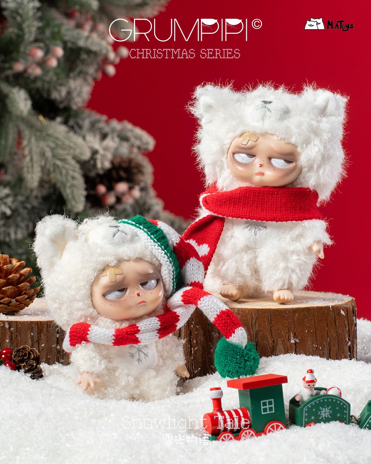 Sleepless Grumpipi Christmas Plush Blind Box Keychain: two grumpy figures in bear costumes with scarves, posed on snowy stumps with festive train and pinecones.