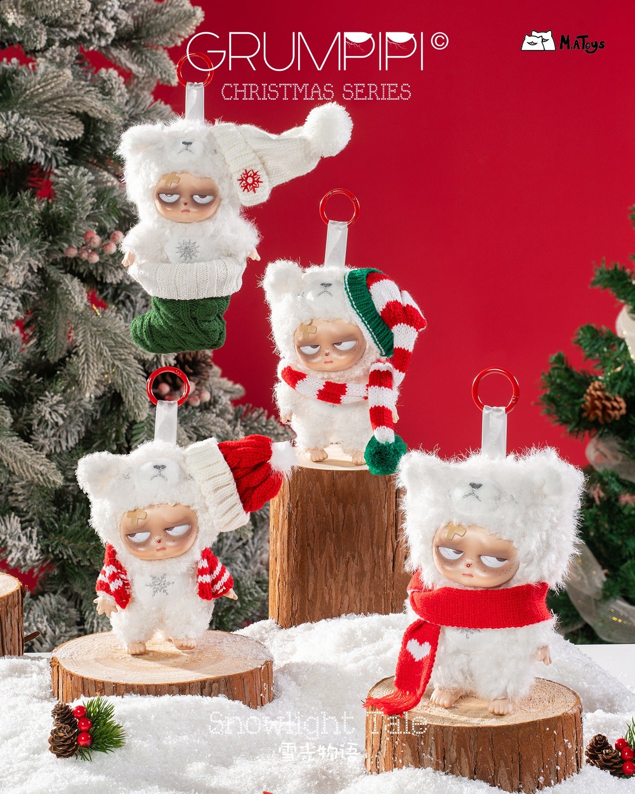 Sleepless Grumpipi Christmas Plush Blind Box Keychain featuring grumpy figurines in bear suits with knit accents, displayed on snowy logs with frosted evergreens.