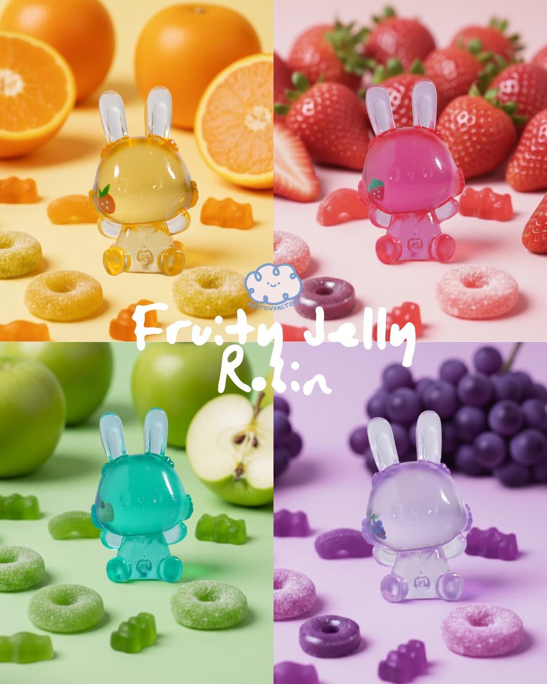 Fruity Jelly Robin - Preorder: Four translucent bunny figurines, each with fruit and gummy accents, highlighting strawberry, green apple, grape, and orange themes.