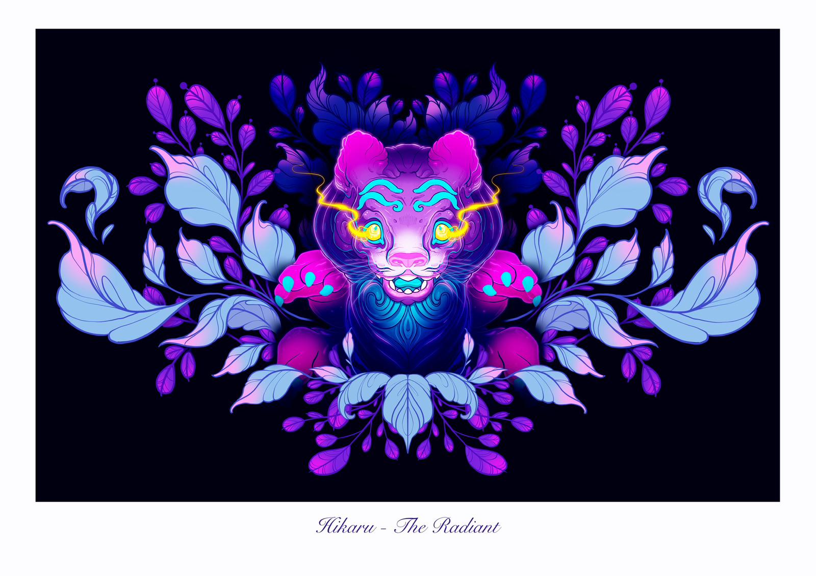 Celestial Abyss - Hikaru - The Radiant Art Print by Tomodachi Island, showcasing a mystical feline face with botanical flourishes, limited edition giclee print on matte A3 paper.