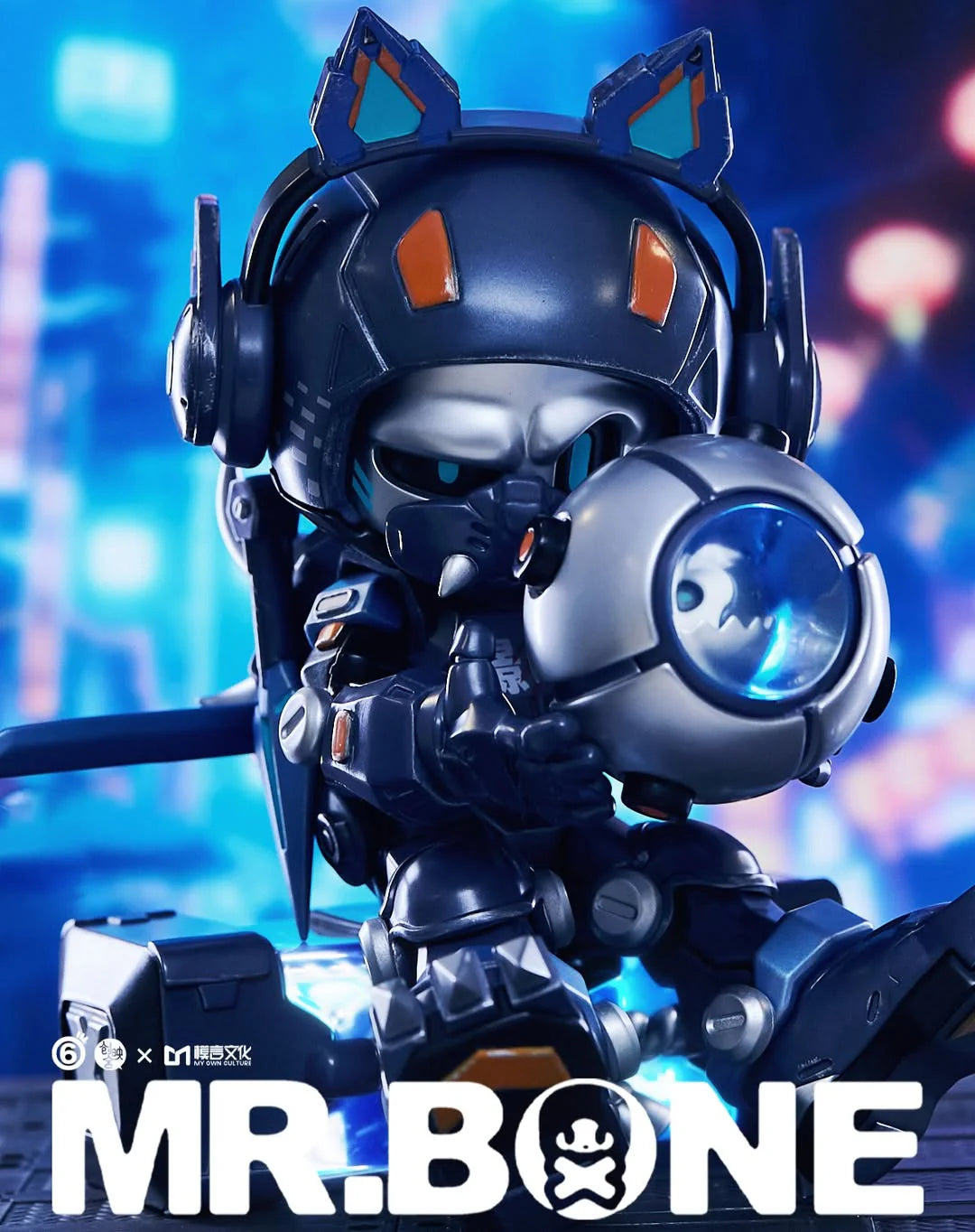 MR. BONE: Shadow Blade Limited Edition figure, a chibi-style skeleton in high-tech armor with a futuristic cannon, set against a cyberpunk neon backdrop.