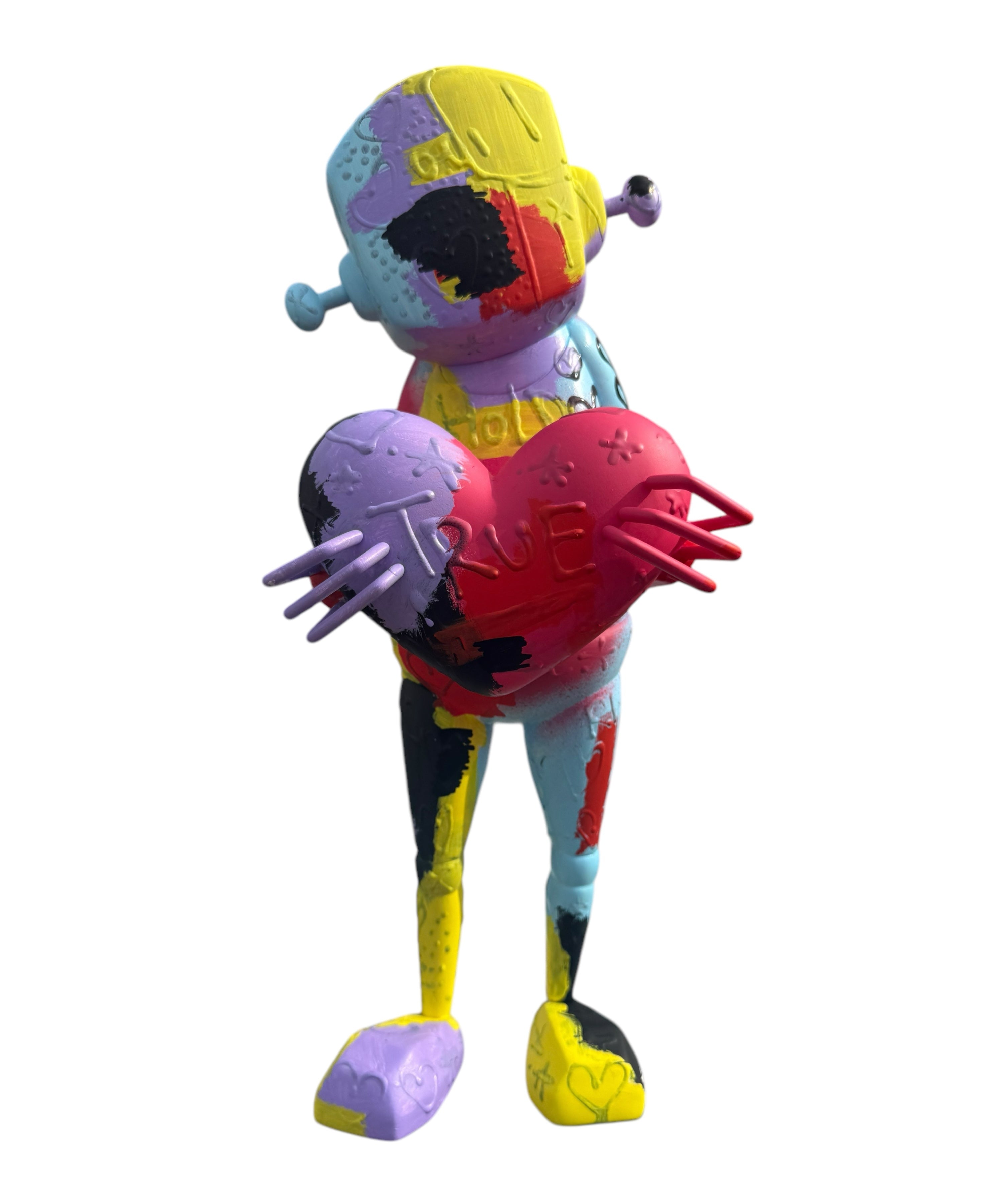 Time Will Tell - Where the smiles have been by Chris RWK: A 15 vinyl art toy with a colorful humanoid holding a spiked heart, embodying pop-art style.