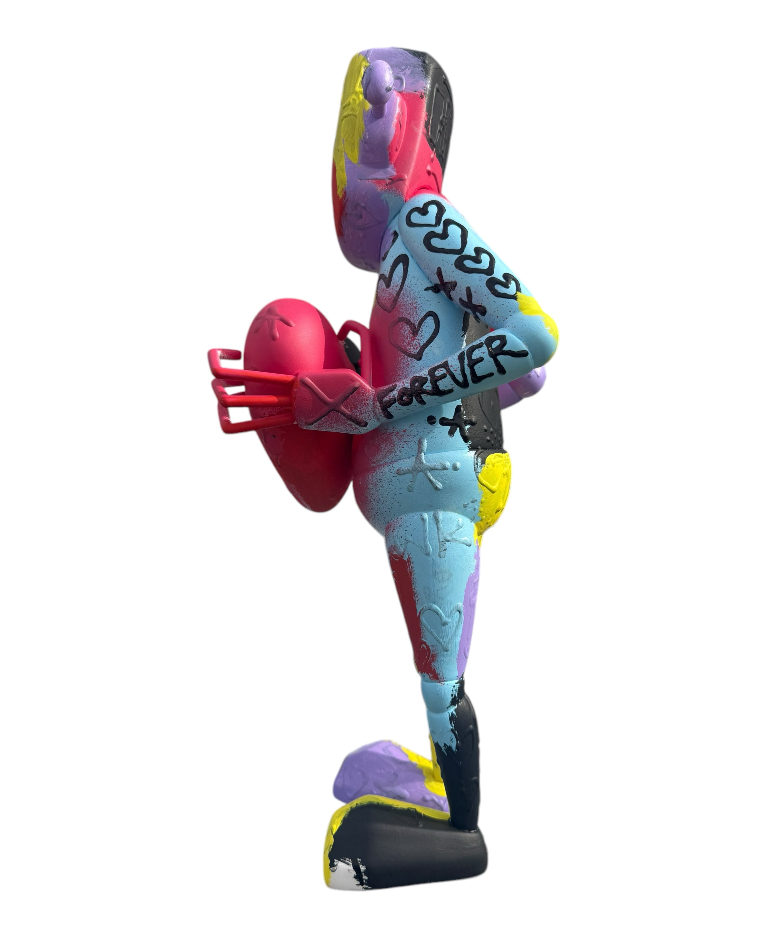 Time Will Tell - Where the smiles have been by Chris RWK: A 15 custom-painted vinyl art figure with graffiti-inspired motifs, holding a red heart.