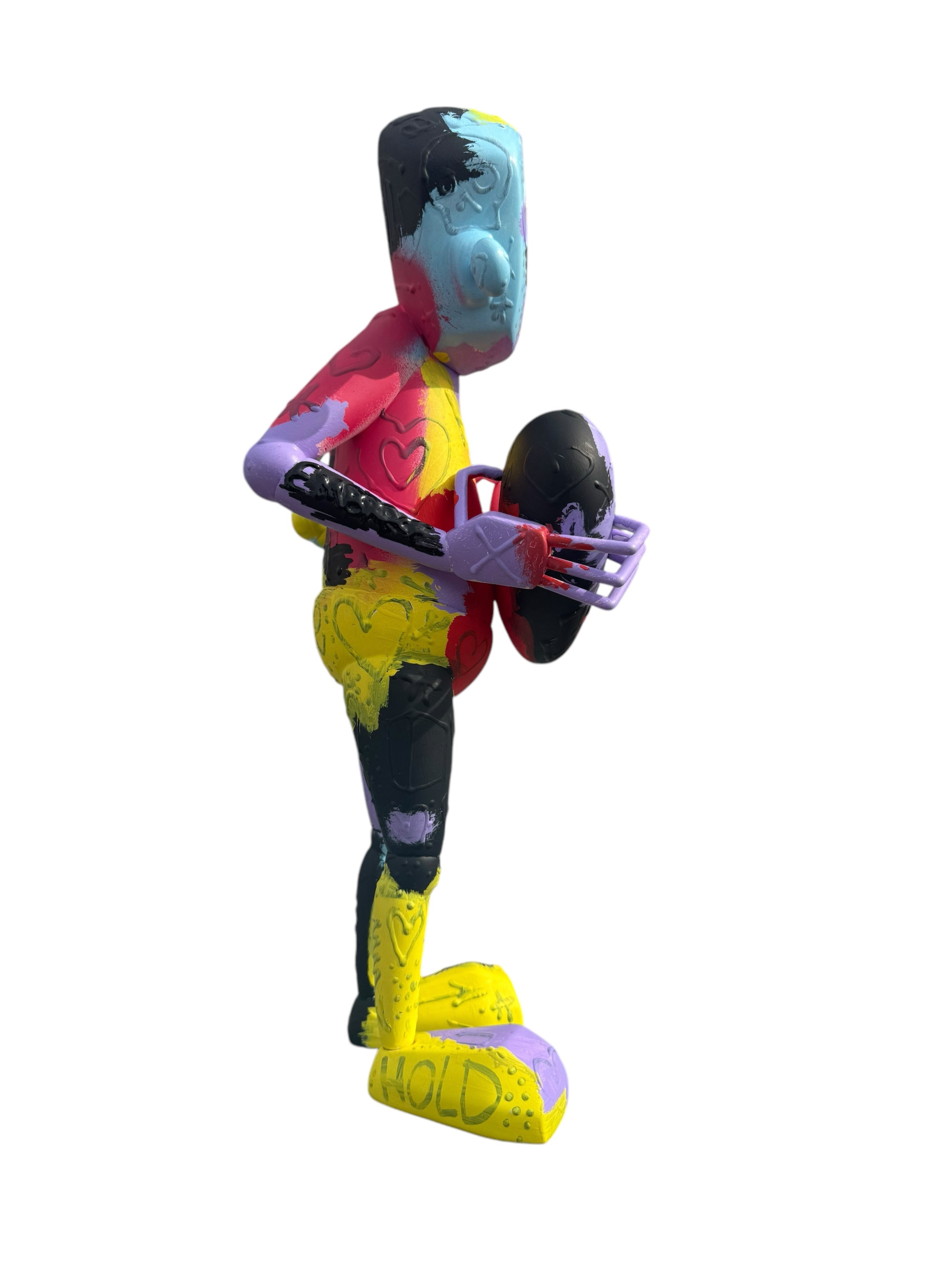 Time Will Tell - Where the smiles have been by Chris RWK: A 15 vinyl art toy with embossed hearts, holding a black object and fork.