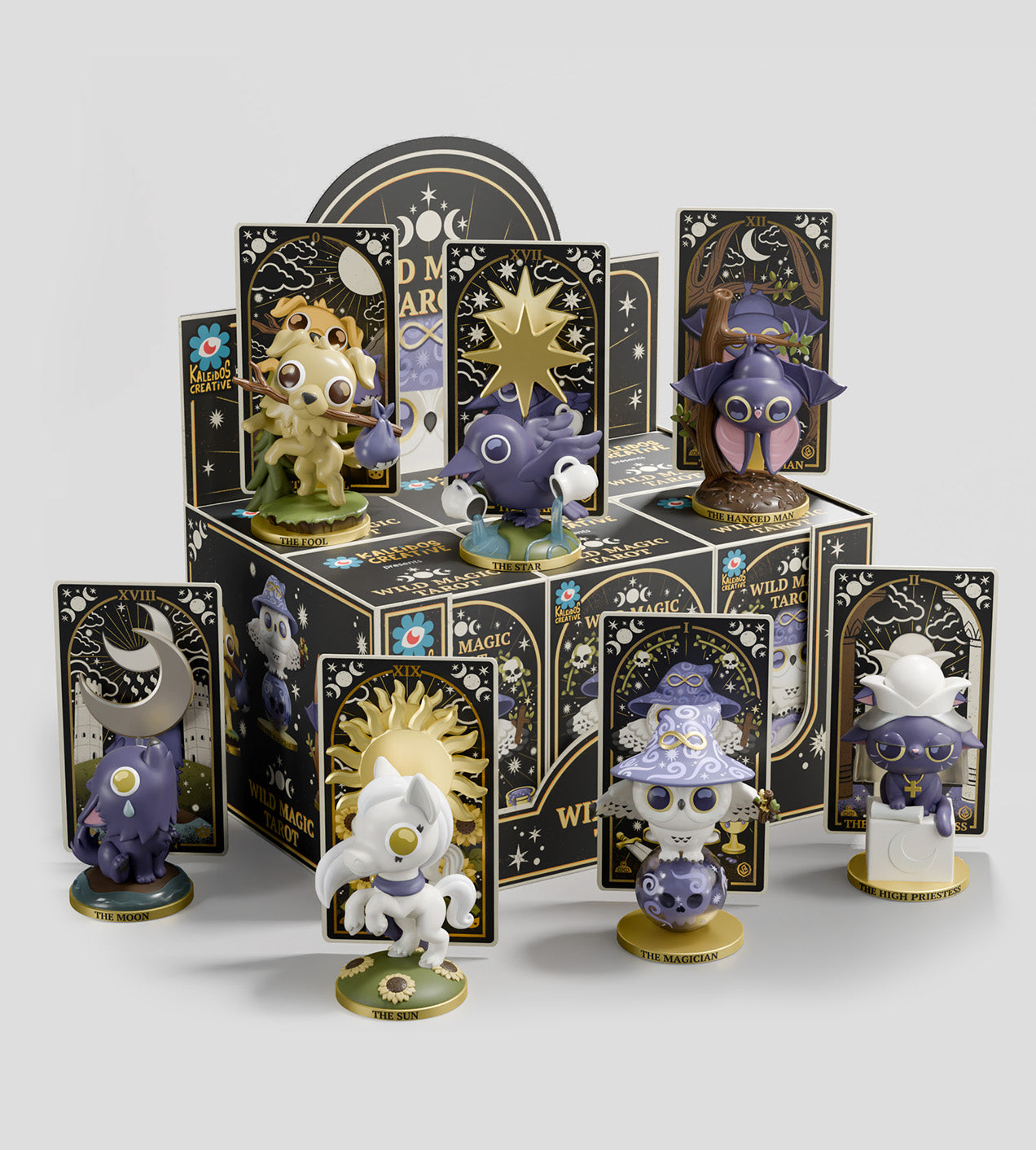 Wild Magic Tarot Blind Box featuring small figurines like a cat, owl, and dog, each paired with a collectible tarot card to build your deck.