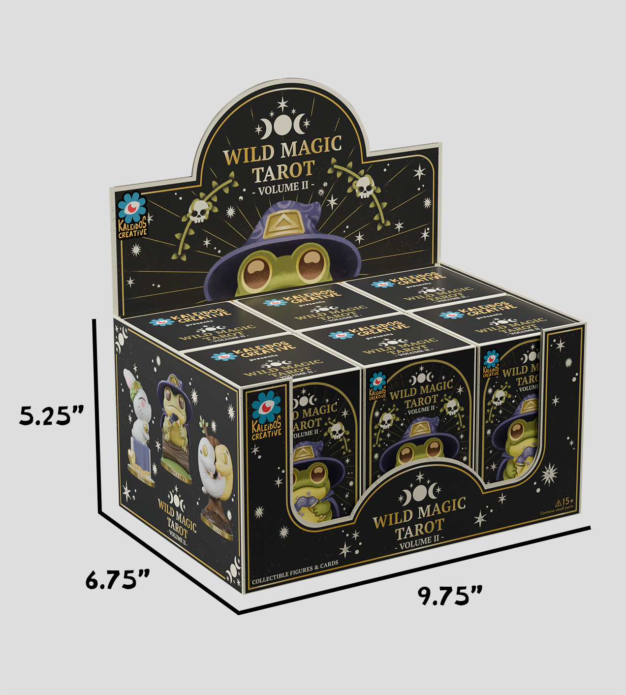 Wild Magic Tarot Volume 2 Blind Box display with eight boxes, featuring a frog wizard. Decorated with moons, stars, and critters, showcasing collectible figure-cards.
