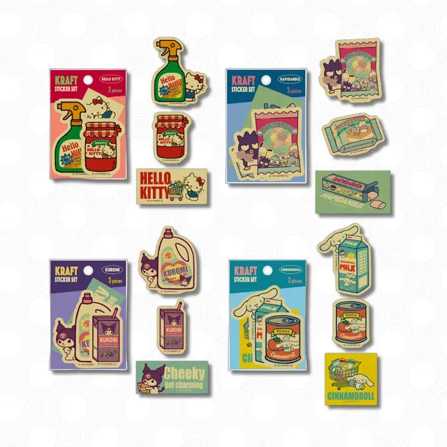 Sanrio Characters Craft Sticker Set Retro Market: Flat lay of retro-style die-cut stickers featuring Sanrio characters with everyday grocery items, perfect for collectors.