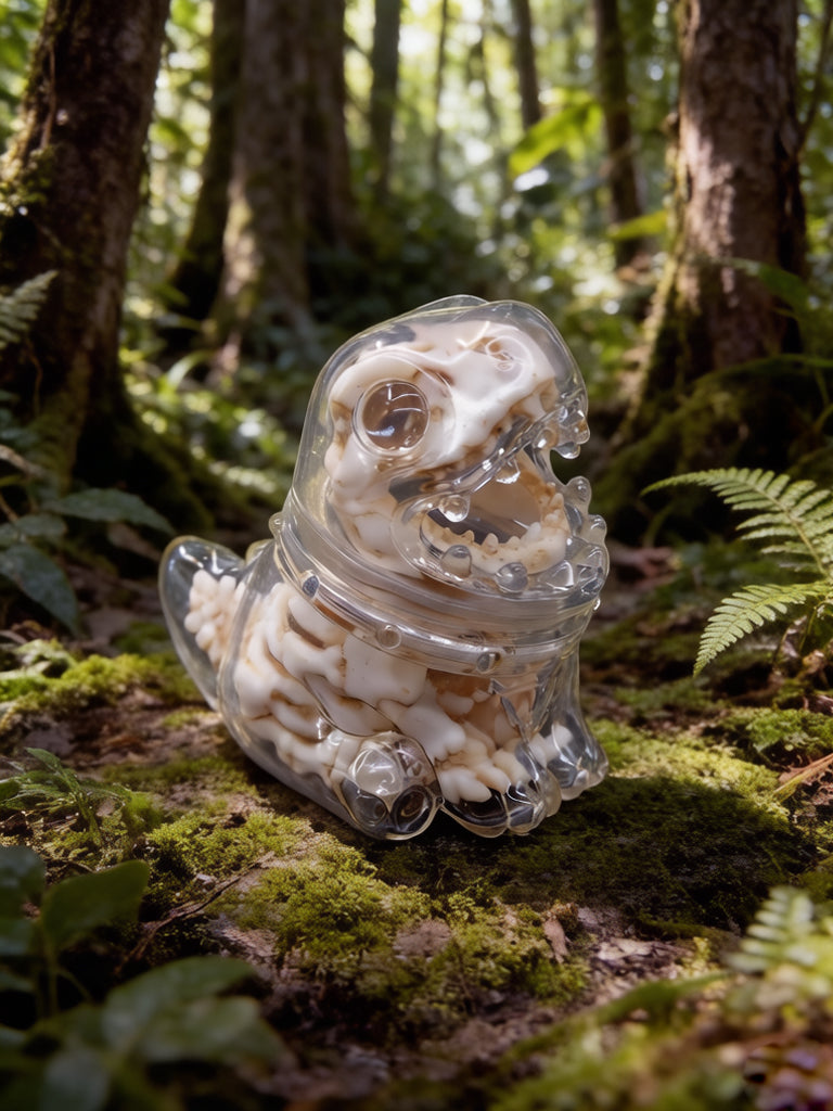 Yagu Skeleton Dragon by HOTRU, a clear soft vinyl art toy with visible resin skeleton, posed on a mossy forest floor. Preorder available.