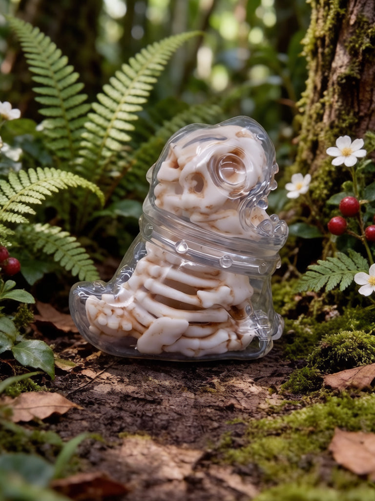 Yagu Skeleton Dragon by HOTRU - Preorder: A stylized dinosaur skeleton toy in a clear shell, amidst woodland elements, featuring a removable cat inside.