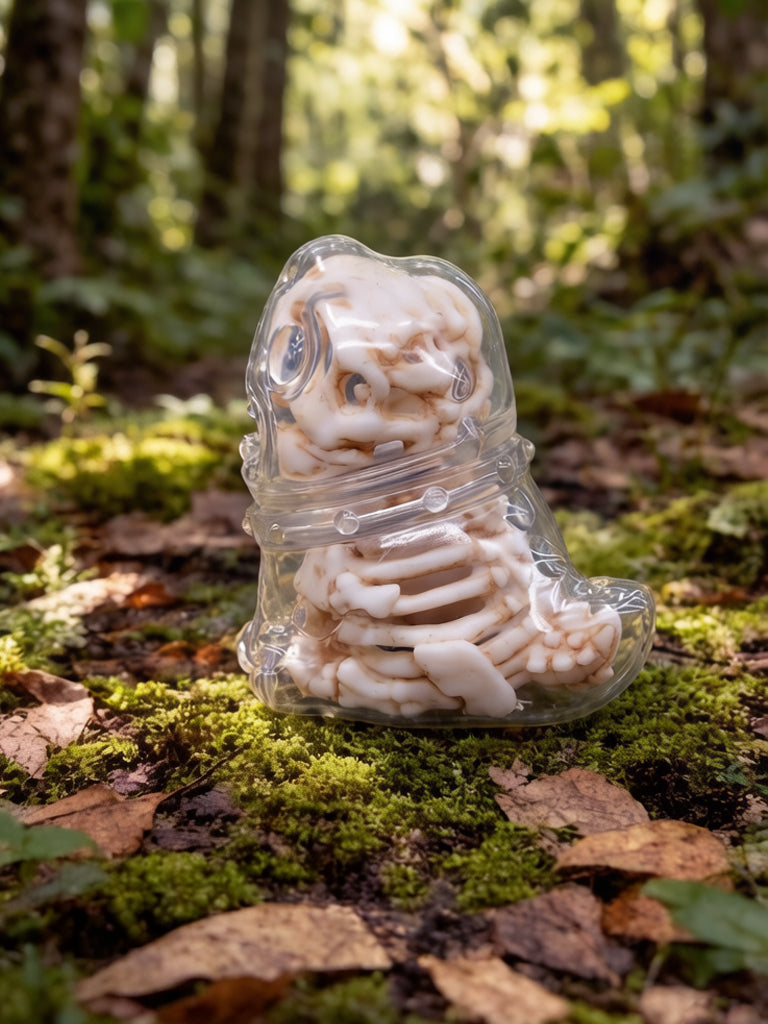 Yagu Skeleton Dragon by HOTRU in a boot-shaped container, showcasing a swirled design, set on a forest floor, reflecting playful, artistic toy design.