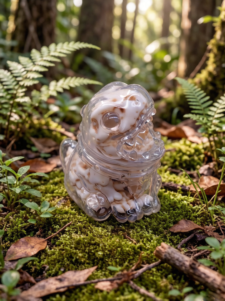 Yagu Skeleton Dragon by HOTRU, a clear soft vinyl frog-shaped container with rotatable head, reveals a marbled interior, set on moss. Preorder for June 2026.