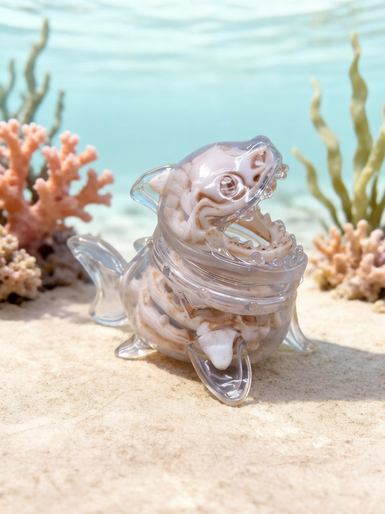 Yagu Skeleton Shark by HOTRU - Preorder: A clear vinyl shark figurine with a resin skeleton puzzle inside, displayed on a sandy seabed among coral and seaweed.