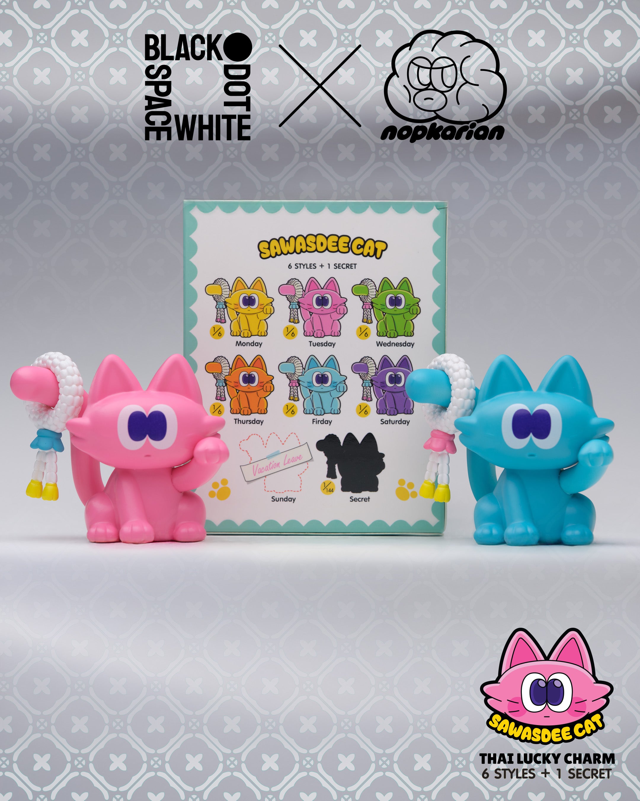 Sawasdee Cat Blind Box Series featuring cartoon cat face design, offering six regular or one secret toy option. Ideal for blind box enthusiasts.