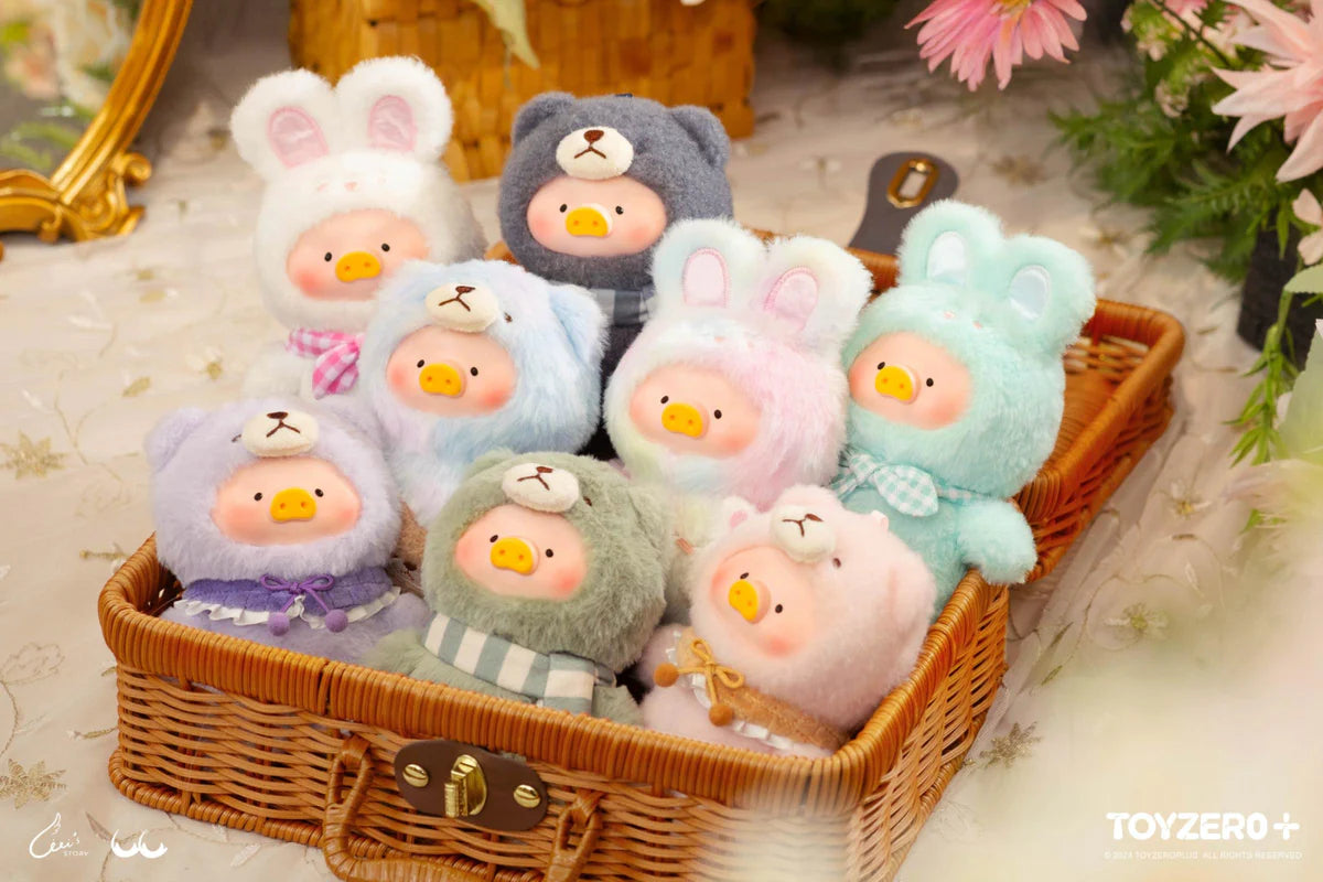 Basket of stuffed animals featuring LuLu the Piggy – Joyful Time Series PVC Plush Keychain Blindbox, showcasing a delightful mix of plush toys from Strangecat Toys.