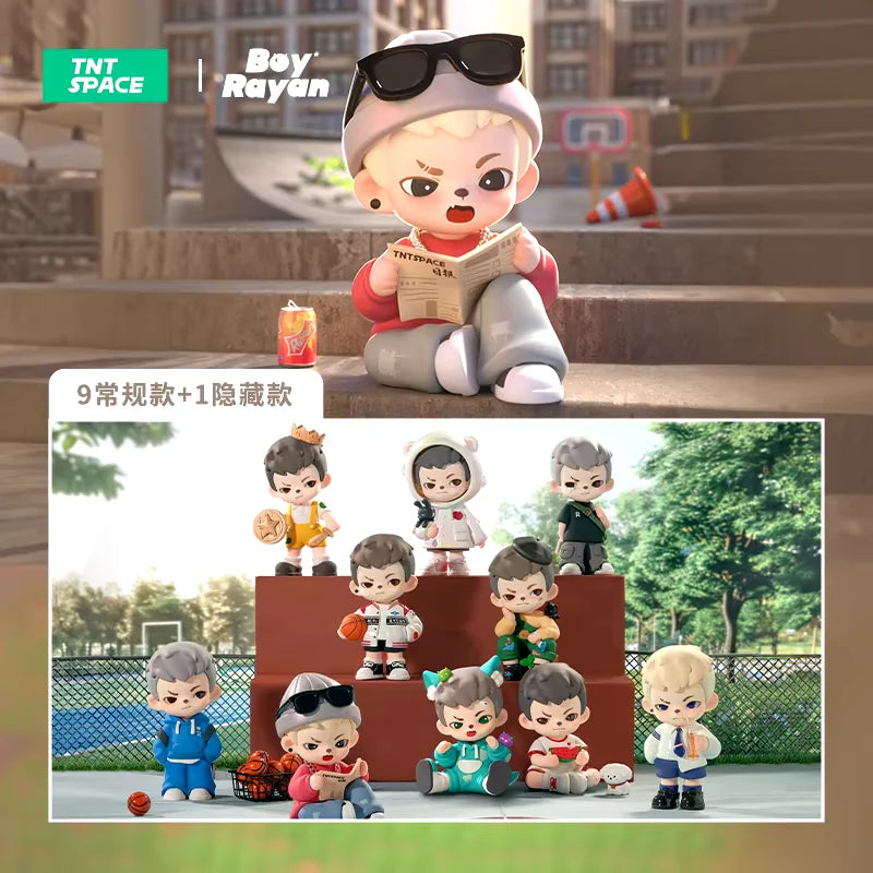 Boy Rayan Youth Days Series 2 Blind Box features 10 collectible vinyl figures, including 9 themed styles and 1 secret edition, depicted in a playful outdoor court setting.