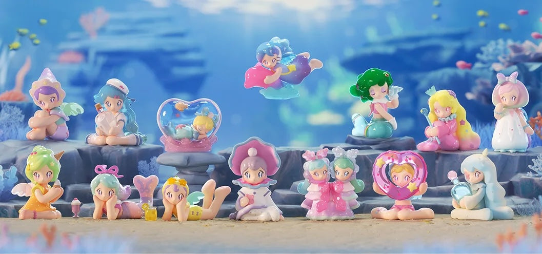 FINDING UNICORN AAMY Mind of the Sea Blind Box Series featuring varied toy figurines, including characters with unique attributes like pink and green hair, mermaids, and bottles.
