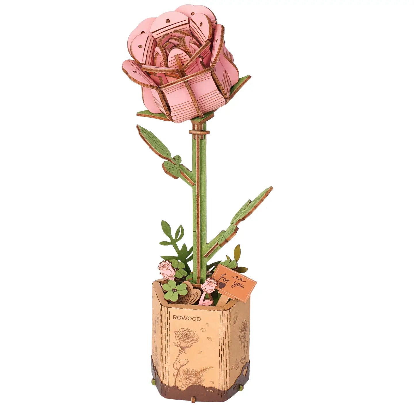 Pink Rose DIY Wooden Flower 3D Puzzle, featuring intricate wooden pieces forming a lifelike rose, ideal for decoration or gifting.