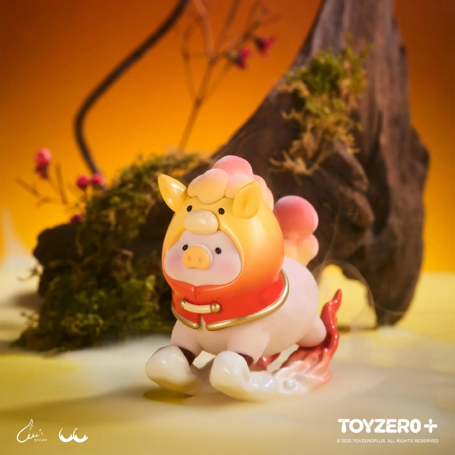 LuLu the Piggy - Spring Pony figurine prancing on a misty base, wearing a pig-face hood and red cape, with warm, whimsical surroundings.