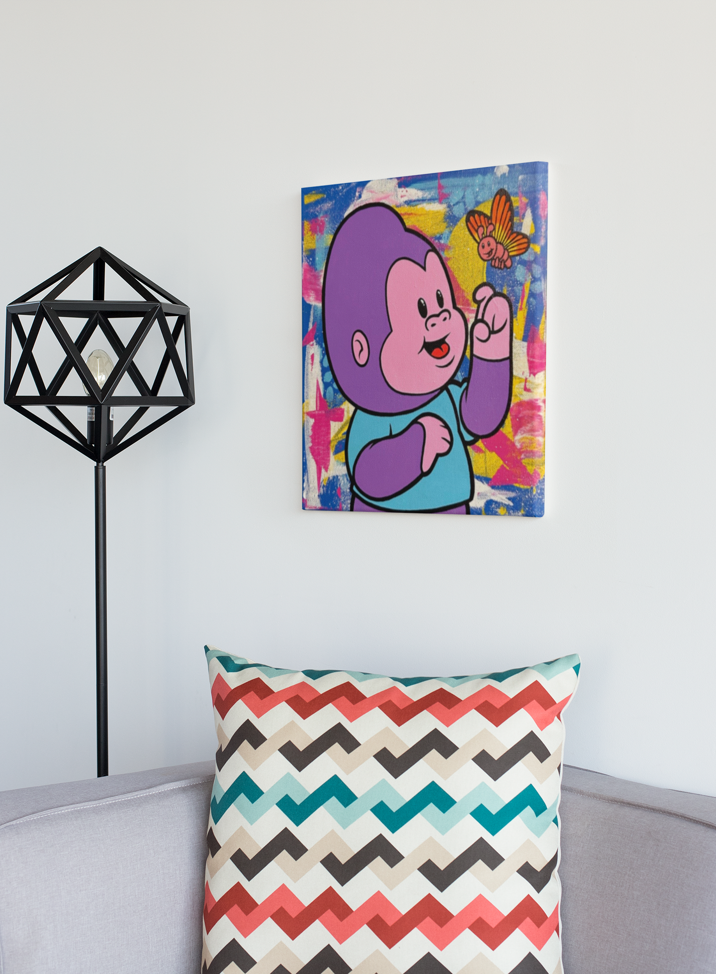 A blind box and art toy store: Arlo's Playdate - Fluttering Friend by Prime, featuring a monkey and butterfly painting on a wall, a cartoon monkey, and a zigzag pattern pillow.